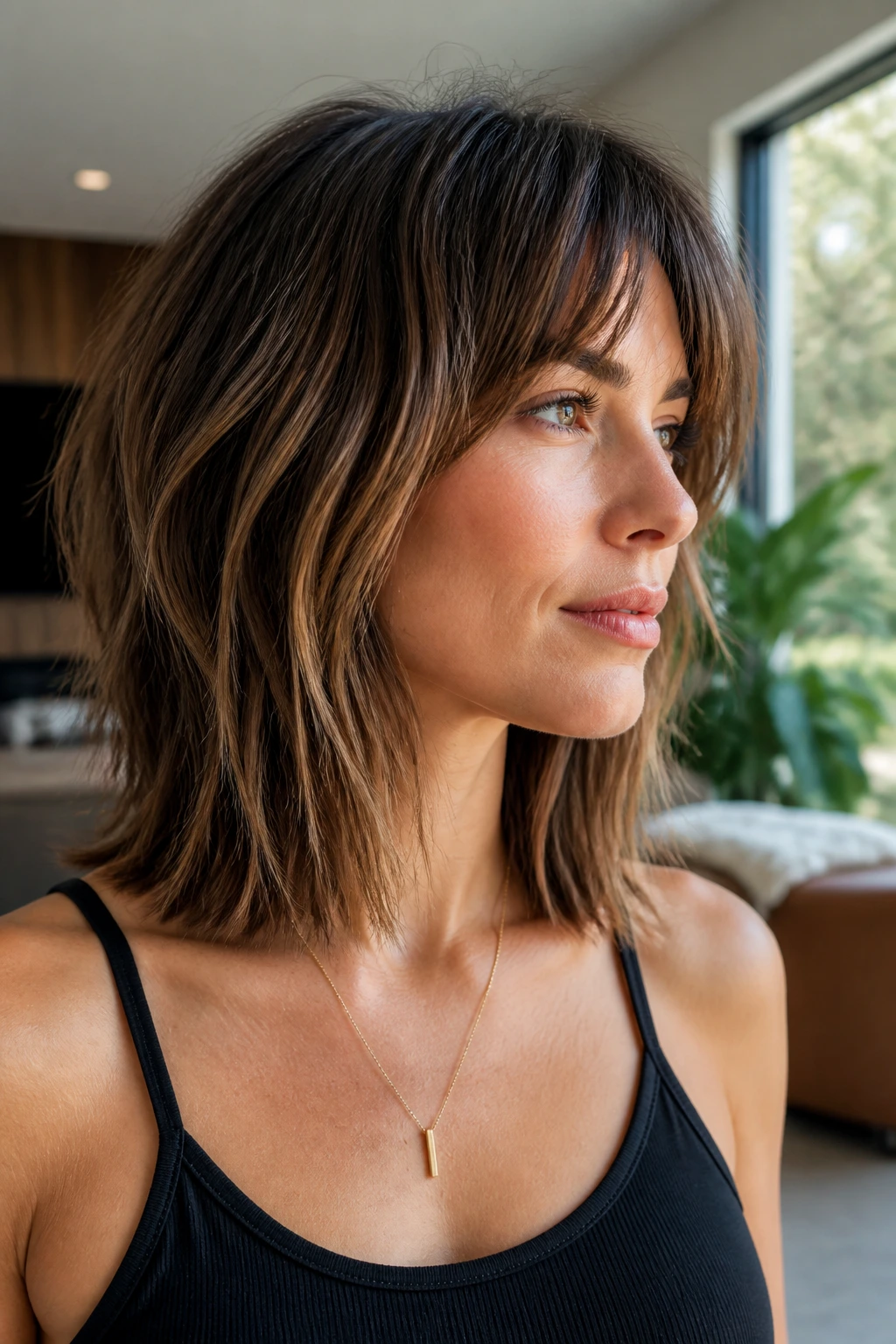 Close-up of a real woman with blunt-cut shaggy hybrid hair