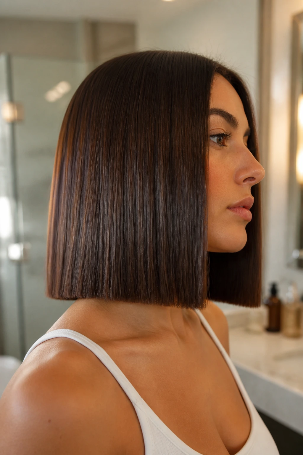 Close-up of blunt haircut with sharp perimeter on a real person.