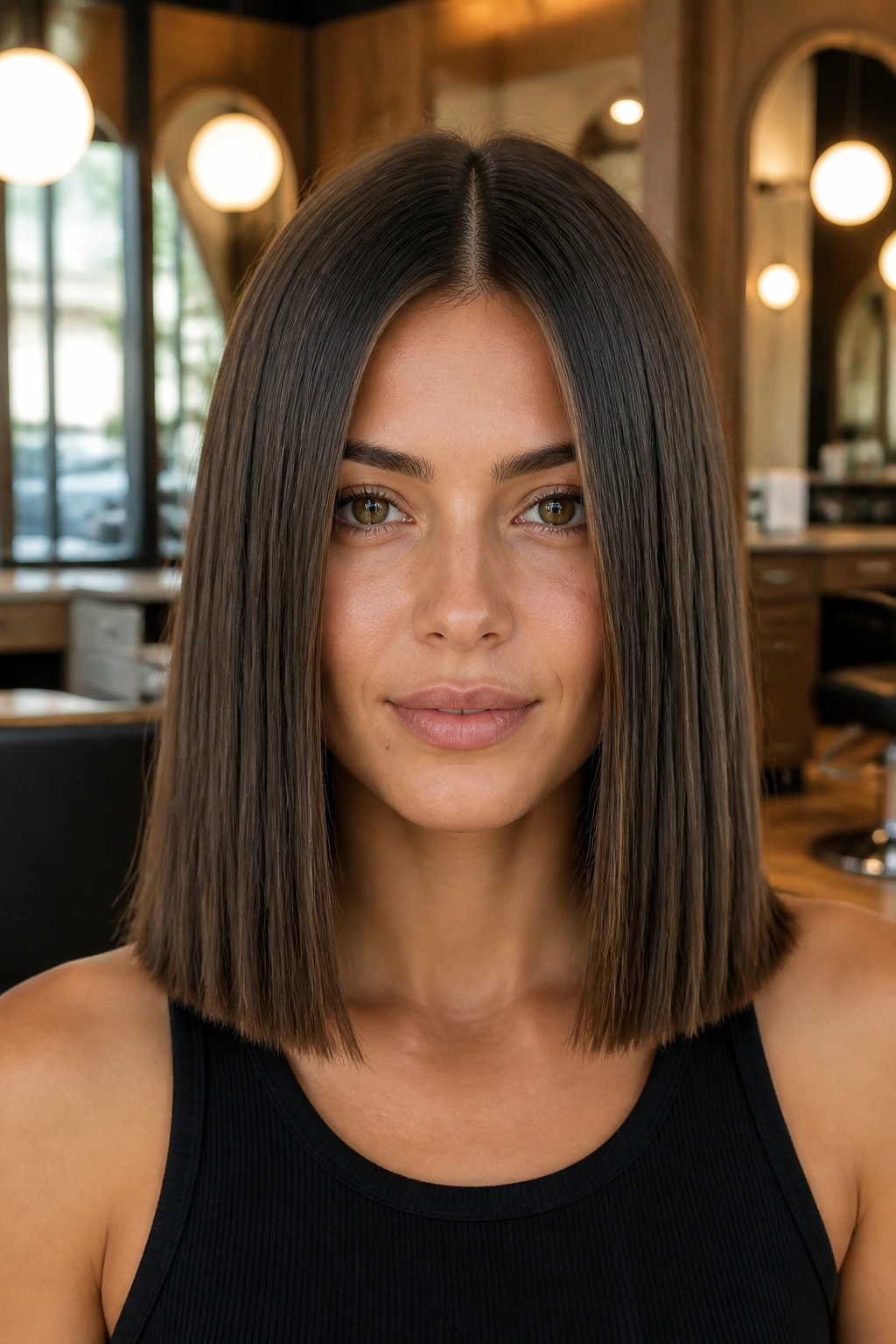 Shoulder-skimming blunt cut on a real woman with centered part