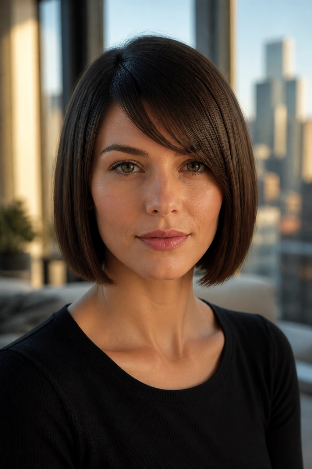 Close-up of a woman with blunt cut and side-swept bangs in urban light