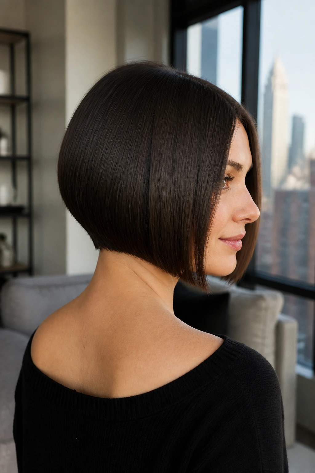Close-up portrait of a real woman with a blunt-cut stacked bob and crisp ends.