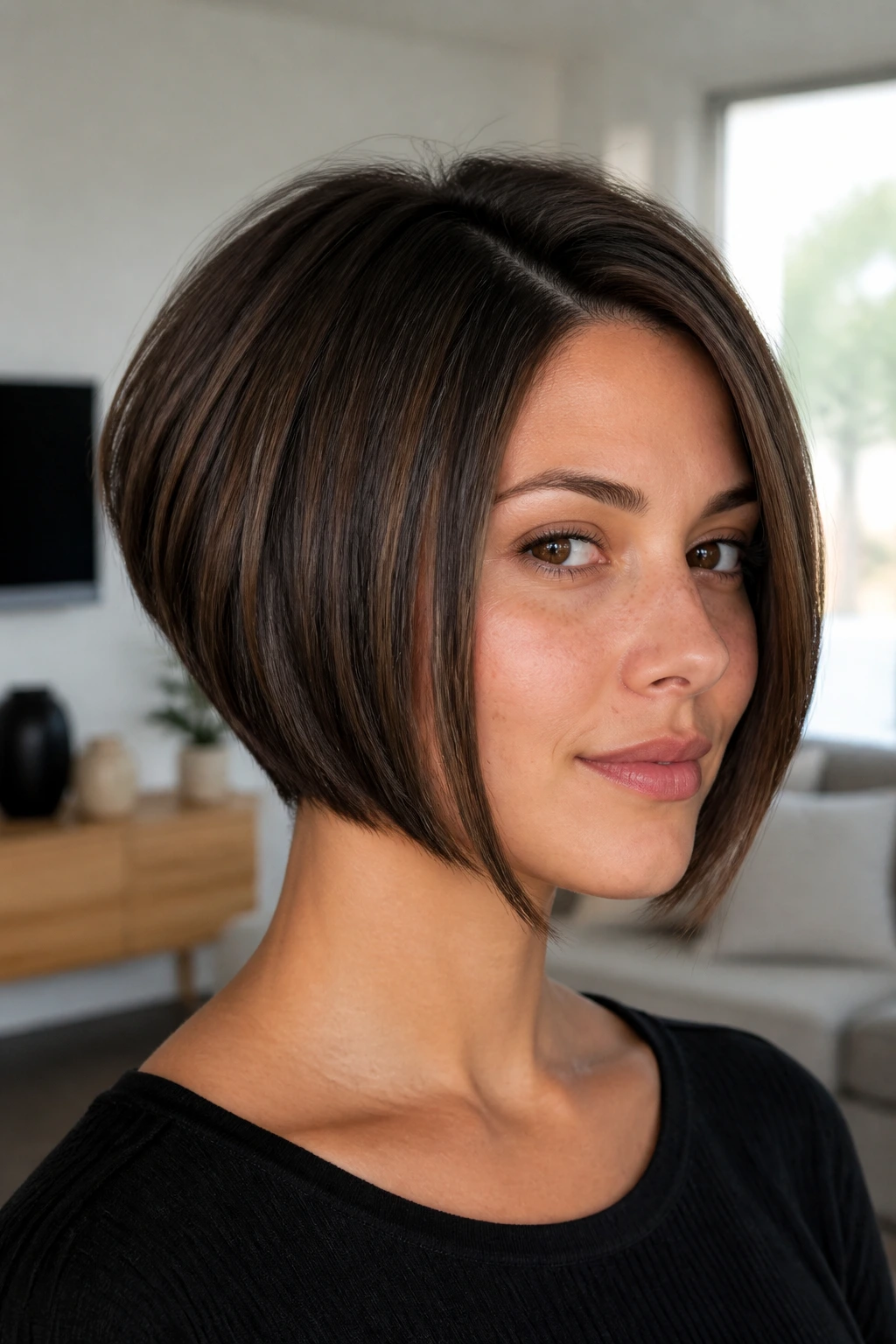 Close-up of a real woman with blunt-cut stack and long face-framing piece