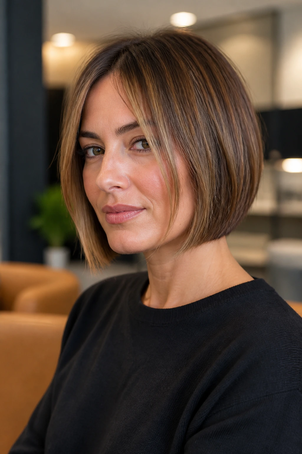 Portrait of a woman with blunt-cut stacked bob and face-framing layers