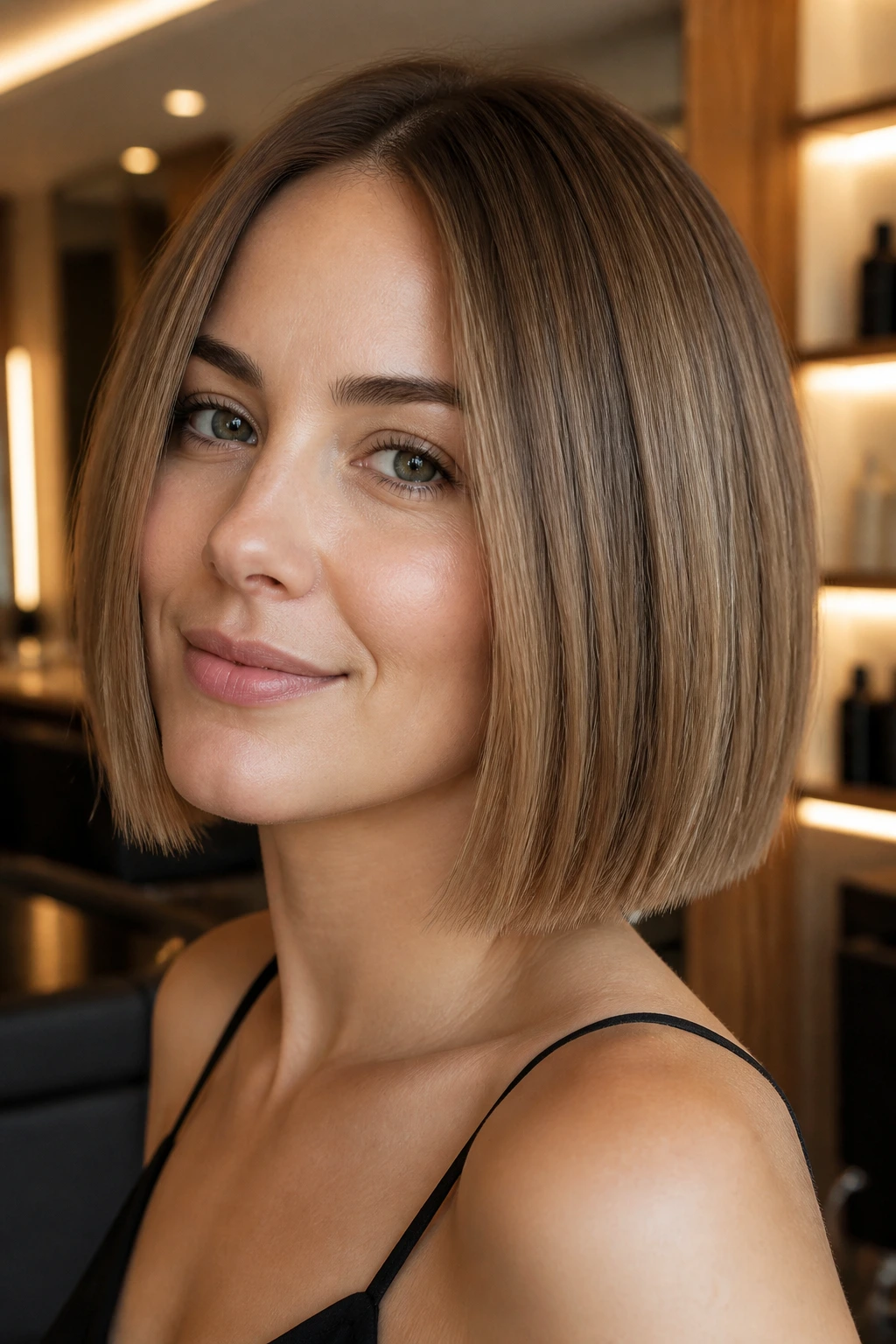 Close-up of a real woman with a blunt-cut bob and internal thinning in a chic salon.
