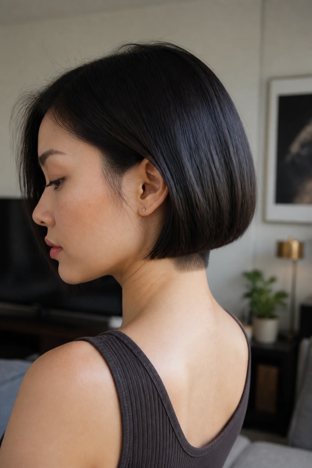 Close-up of real Asian woman with blunt cut and hidden undercut at the nape