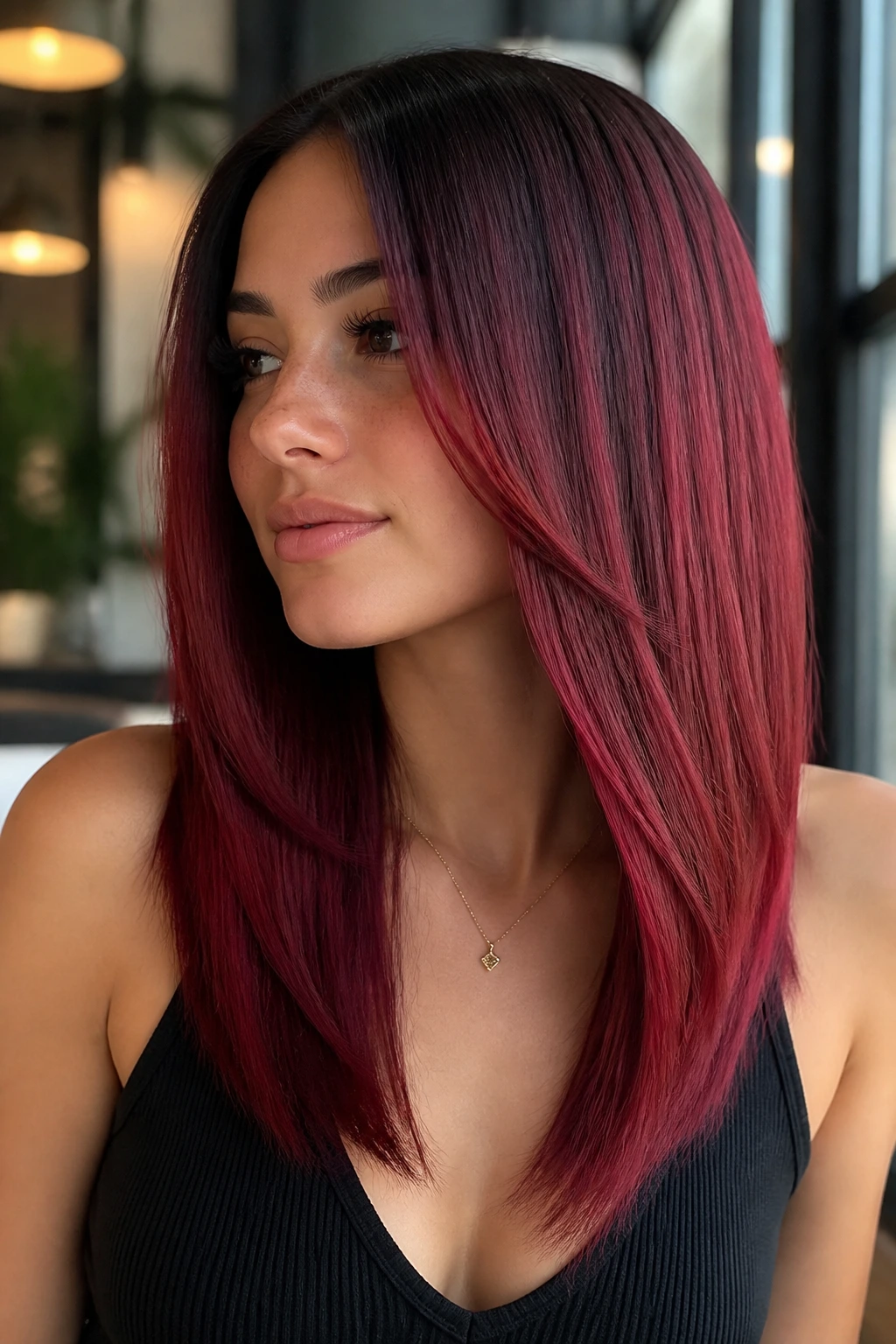 Close-up of a real person with blunt V-cut and bold color.