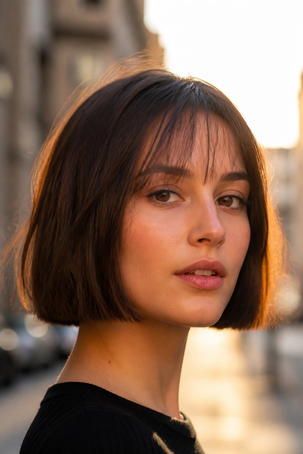Real woman with blunt cut and wispy bangs in golden hour street scene