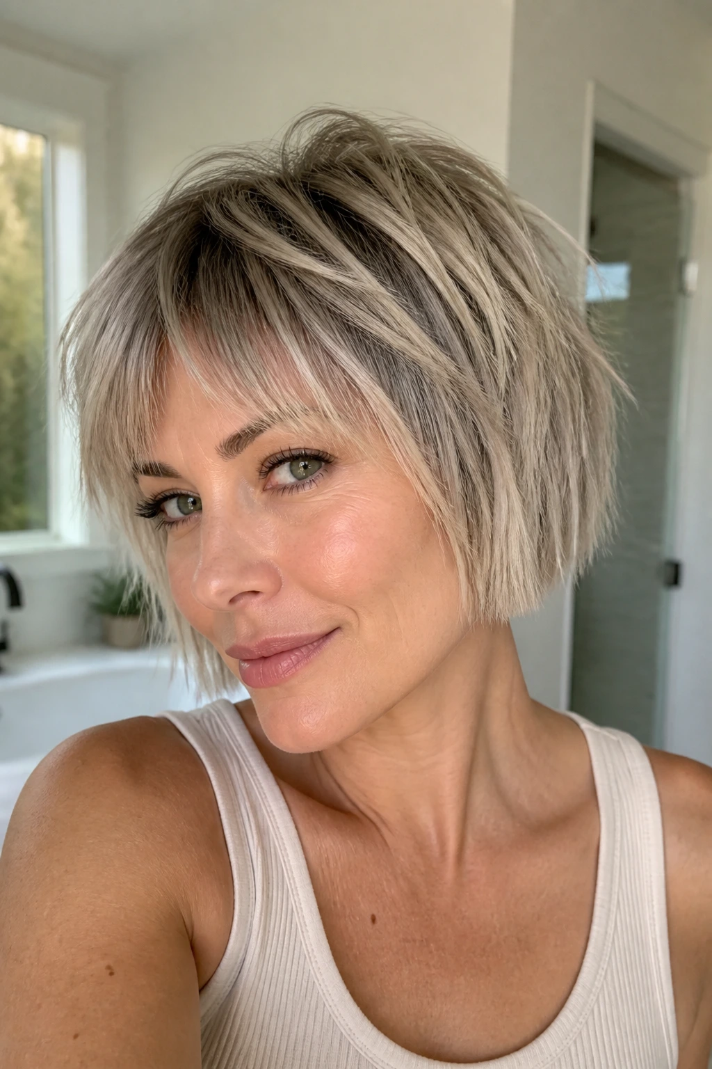 Close-up of a real woman with a blunt-edge choppy crop featuring a sharp perimeter and textured top.