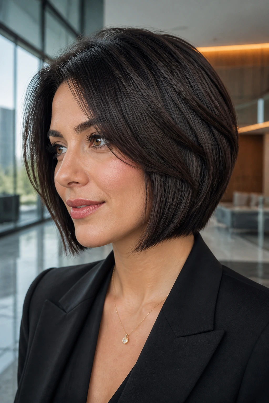 Real person with blunt-edge stack and soft interior hair in a modern office lobby