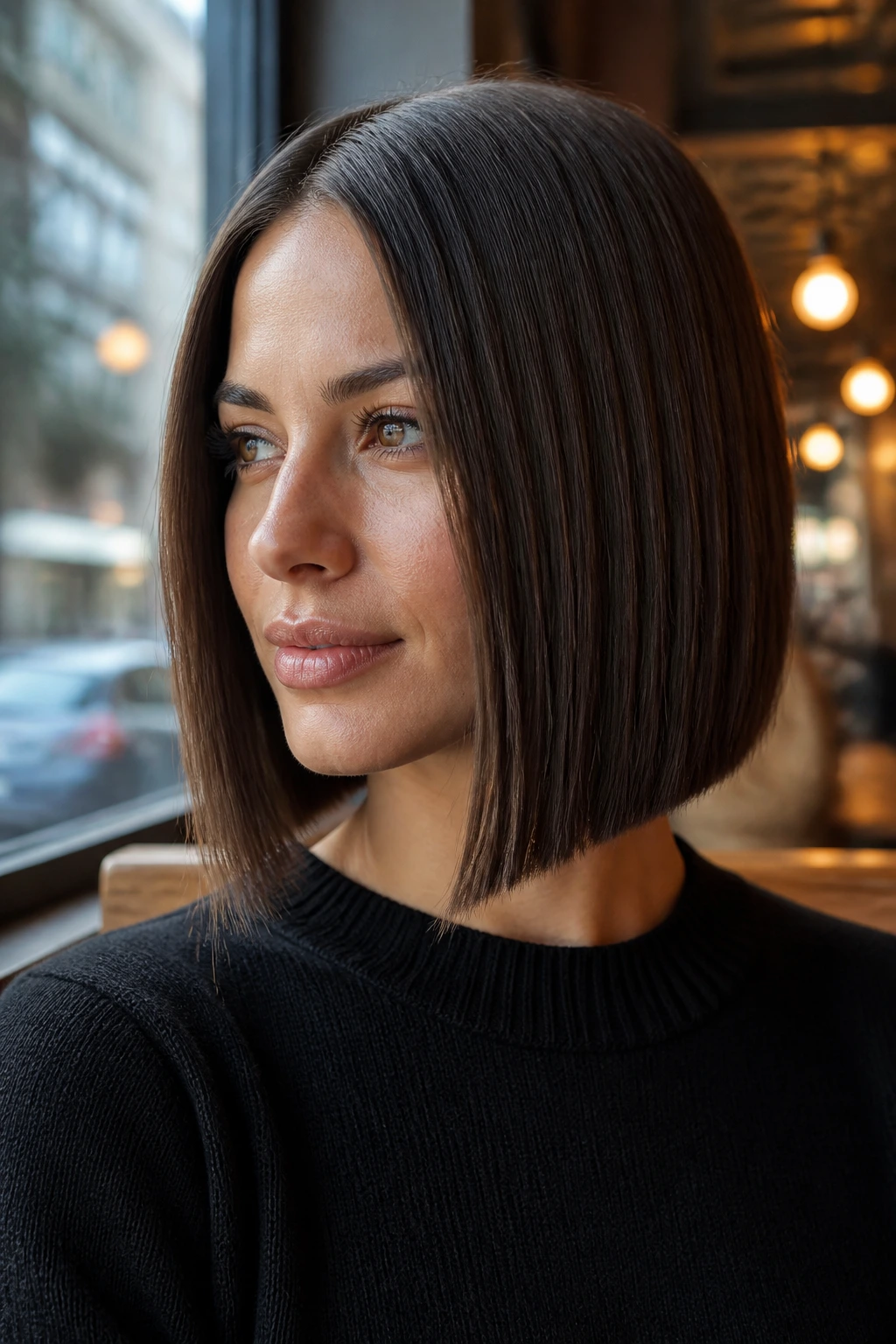 Close-up portrait of a real woman with a blunt-ended angled lob under natural window light.
