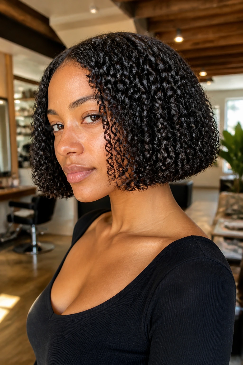 Close-up portrait of a real person with a blunt-end bob and crisp jaw-length ends in warm natural light