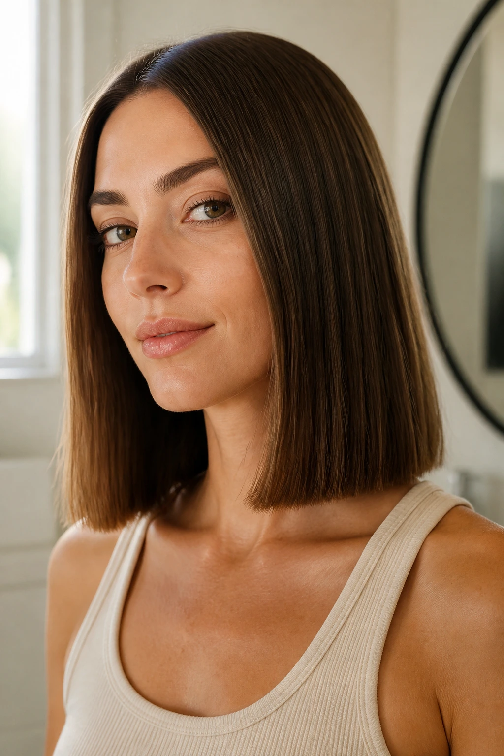 Close-up of a real woman with blunt-ended shoulder-length hair in natural window light