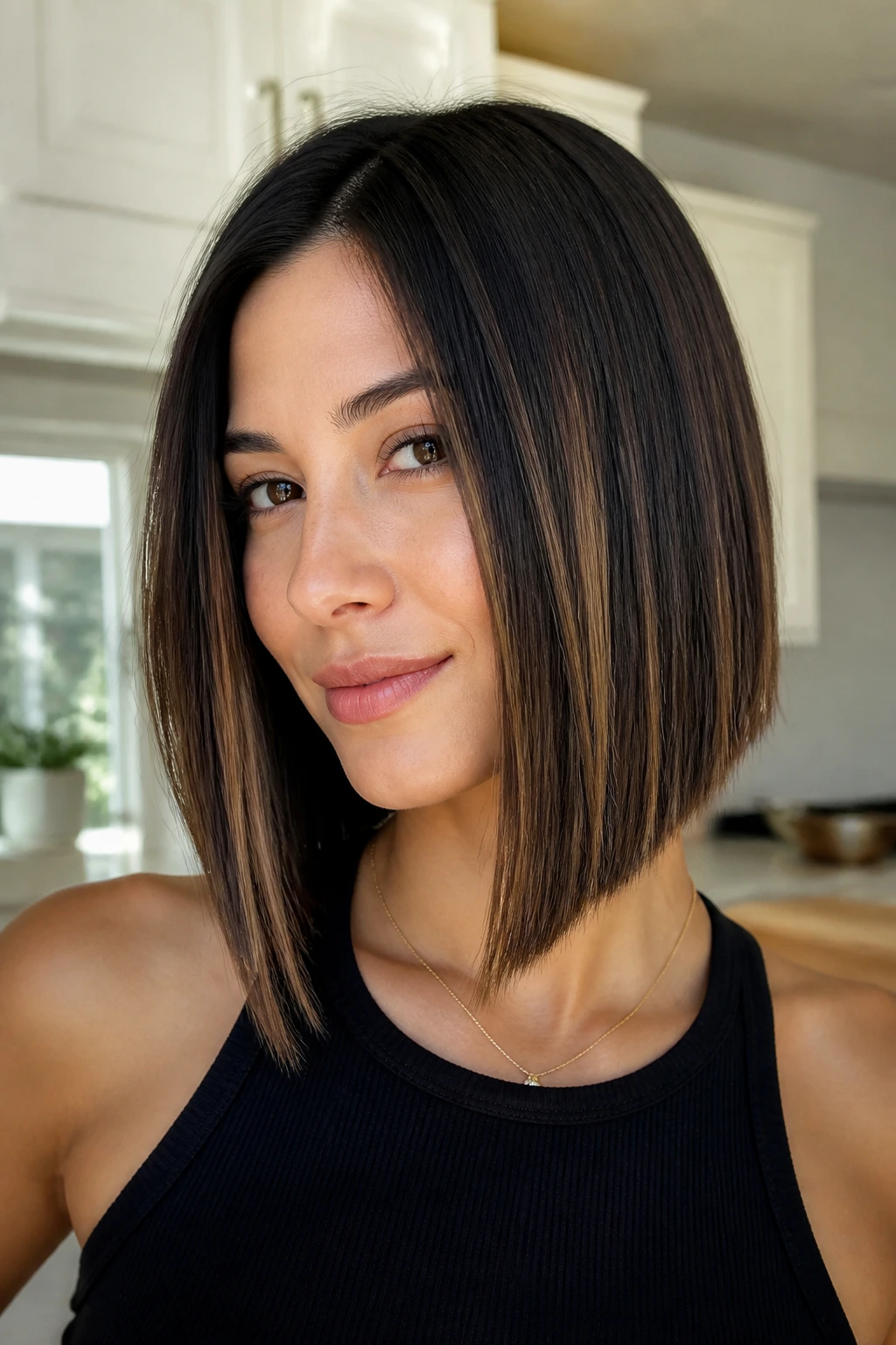 Close-up portrait of a real woman with blunt ends and hidden highlights on an angled lob.