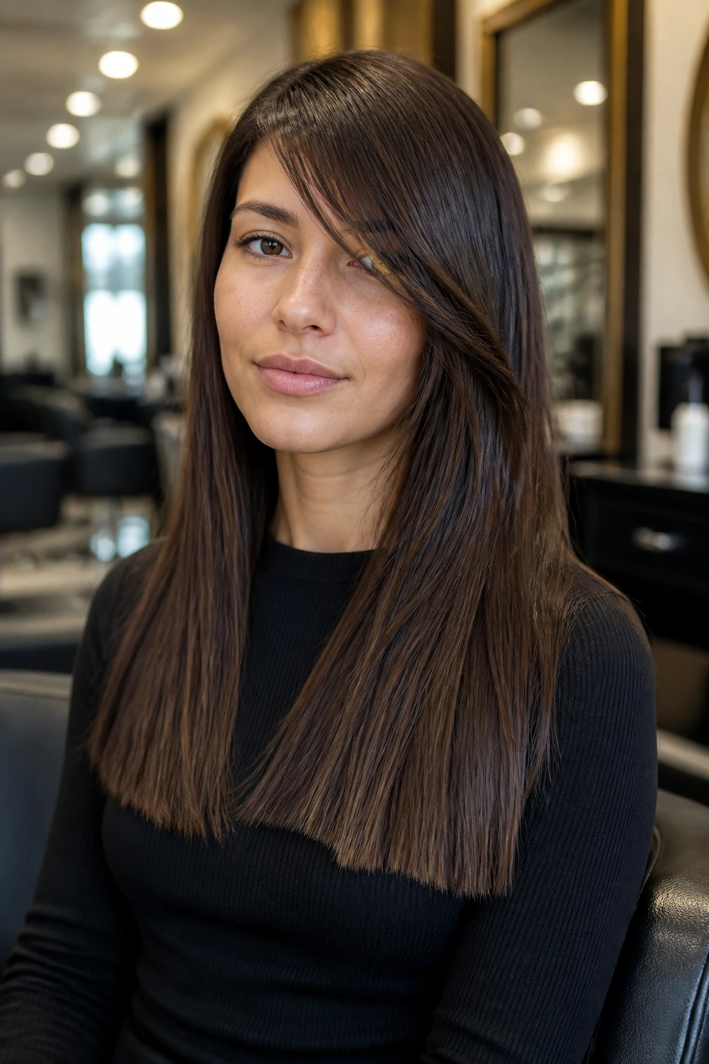Close-up of a real woman with blunt-cut ends and tapered side-swept bangs