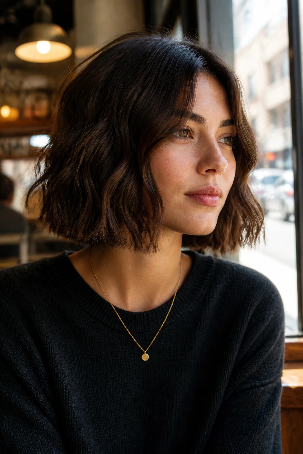 Real woman with blunt-ended wavy bob in cafe window light.
