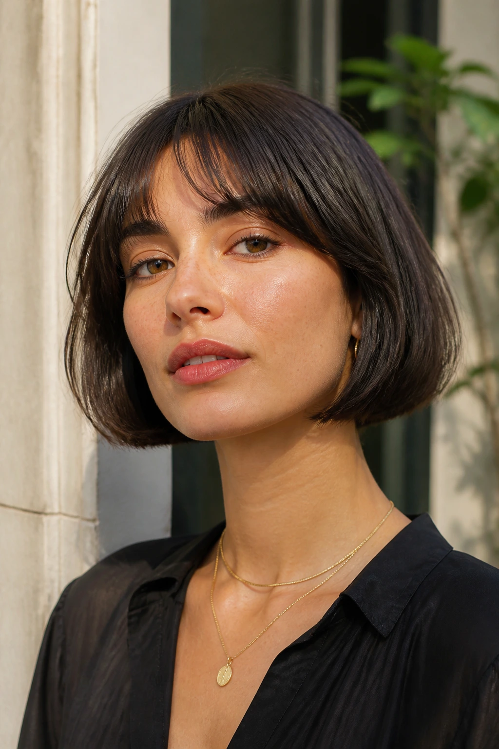 Close-up of a woman with a blunt French bob and soft curtain bangs