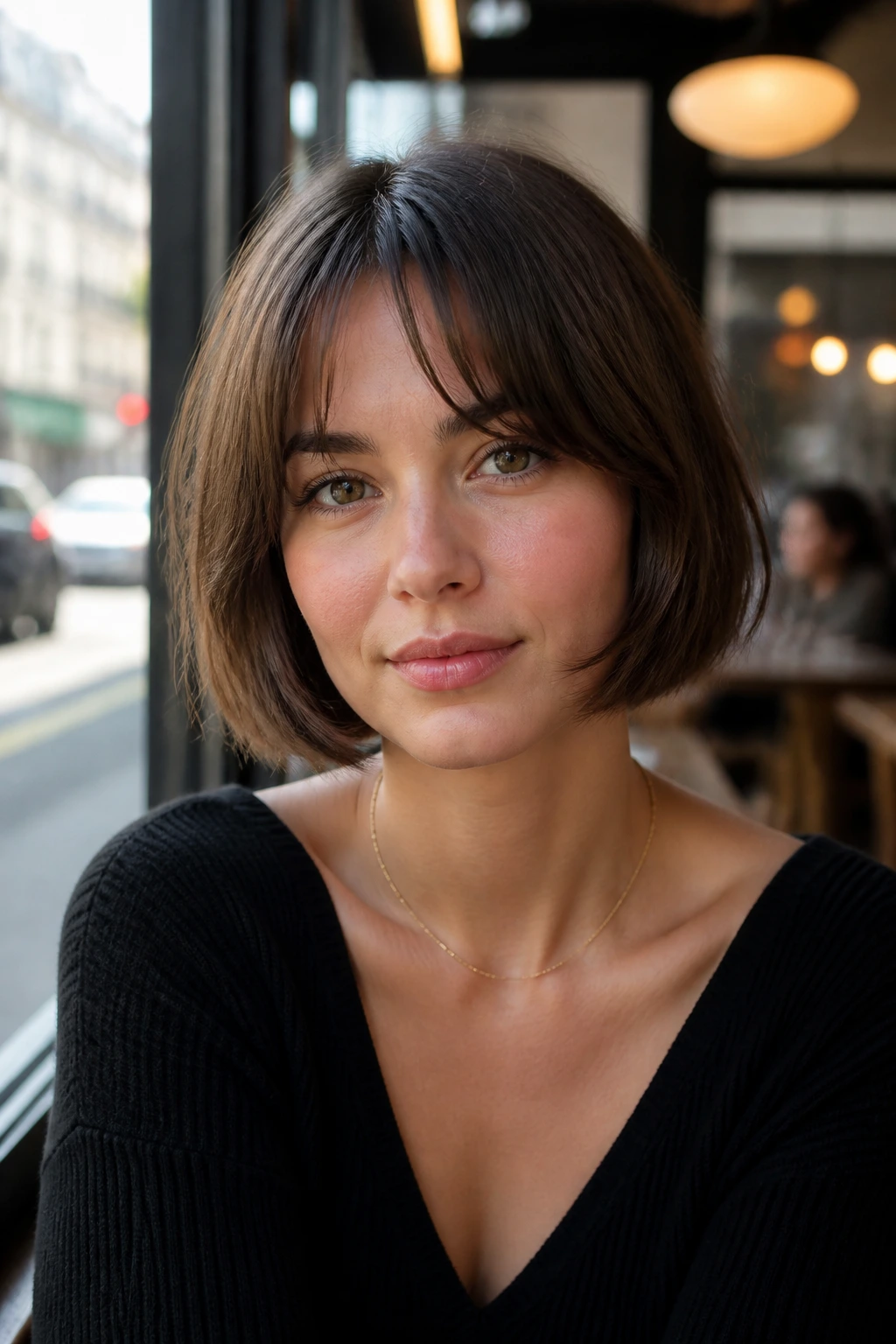 Close-up portrait of a woman with blunt French bob softened edges.