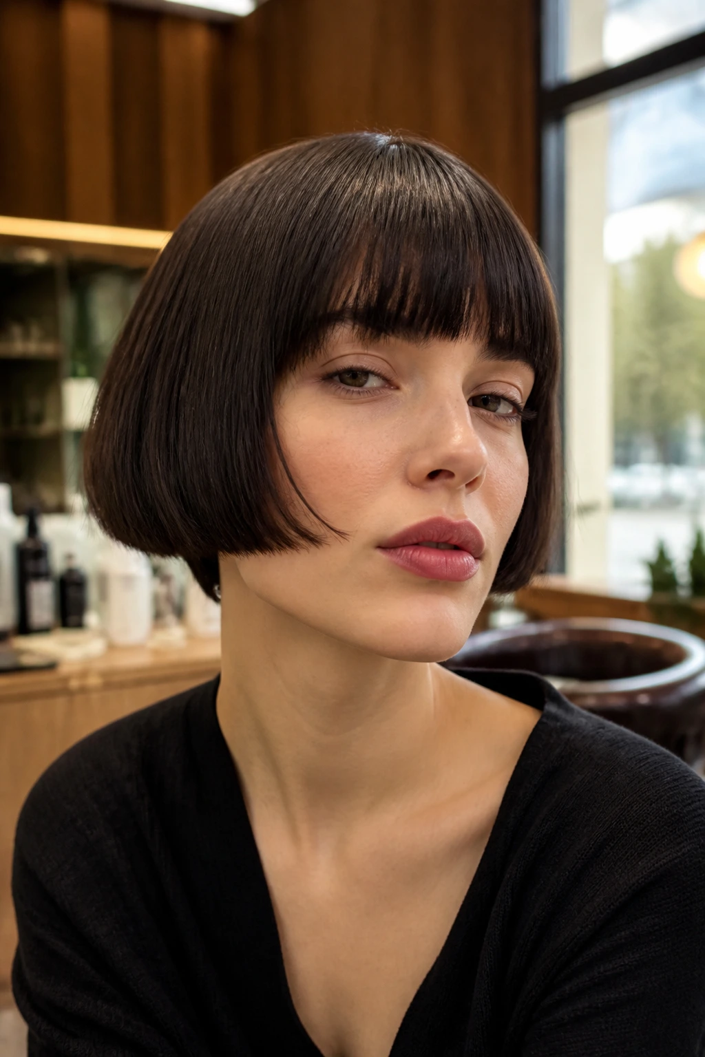 Close-up of a woman with a chin-length blunt-fringe French bob in warm salon light