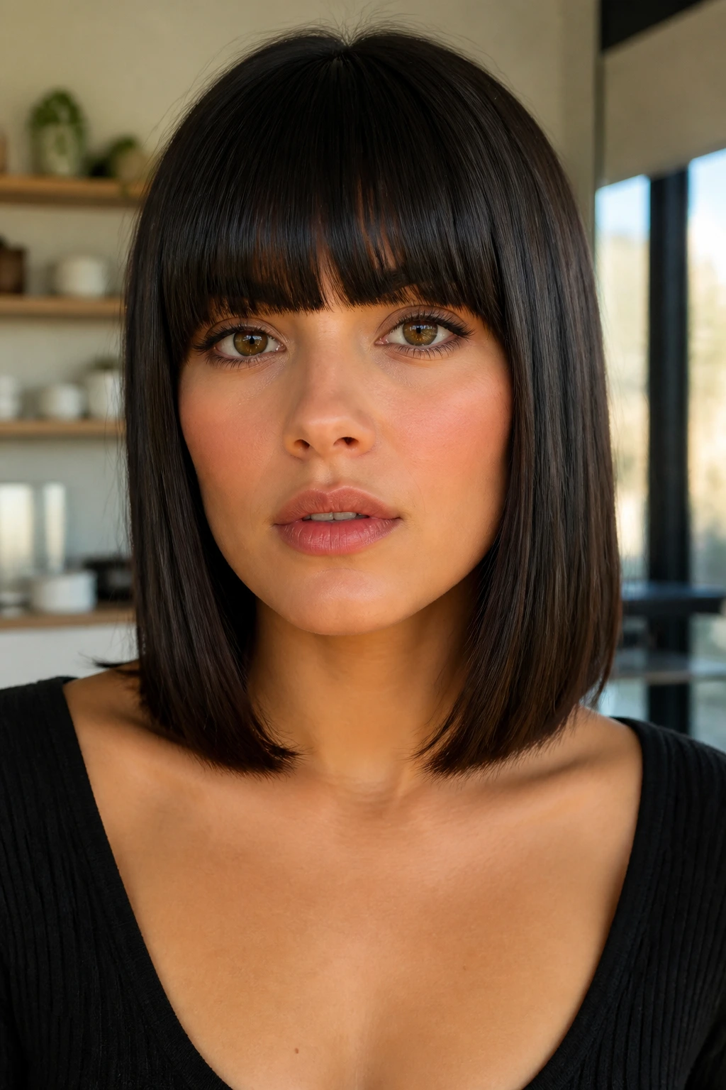 Portrait of a person with blunt collarbone-length hair and straight-across fringe