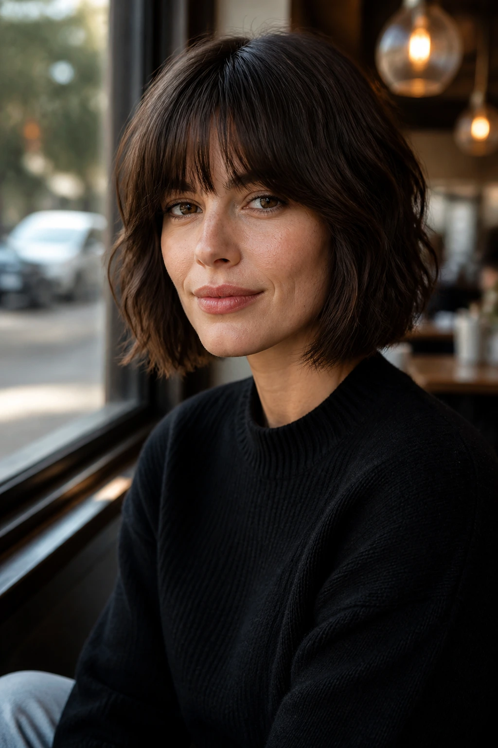 Real woman with blunt-fringe hybrid bob wearing thicker bangs in cafe light
