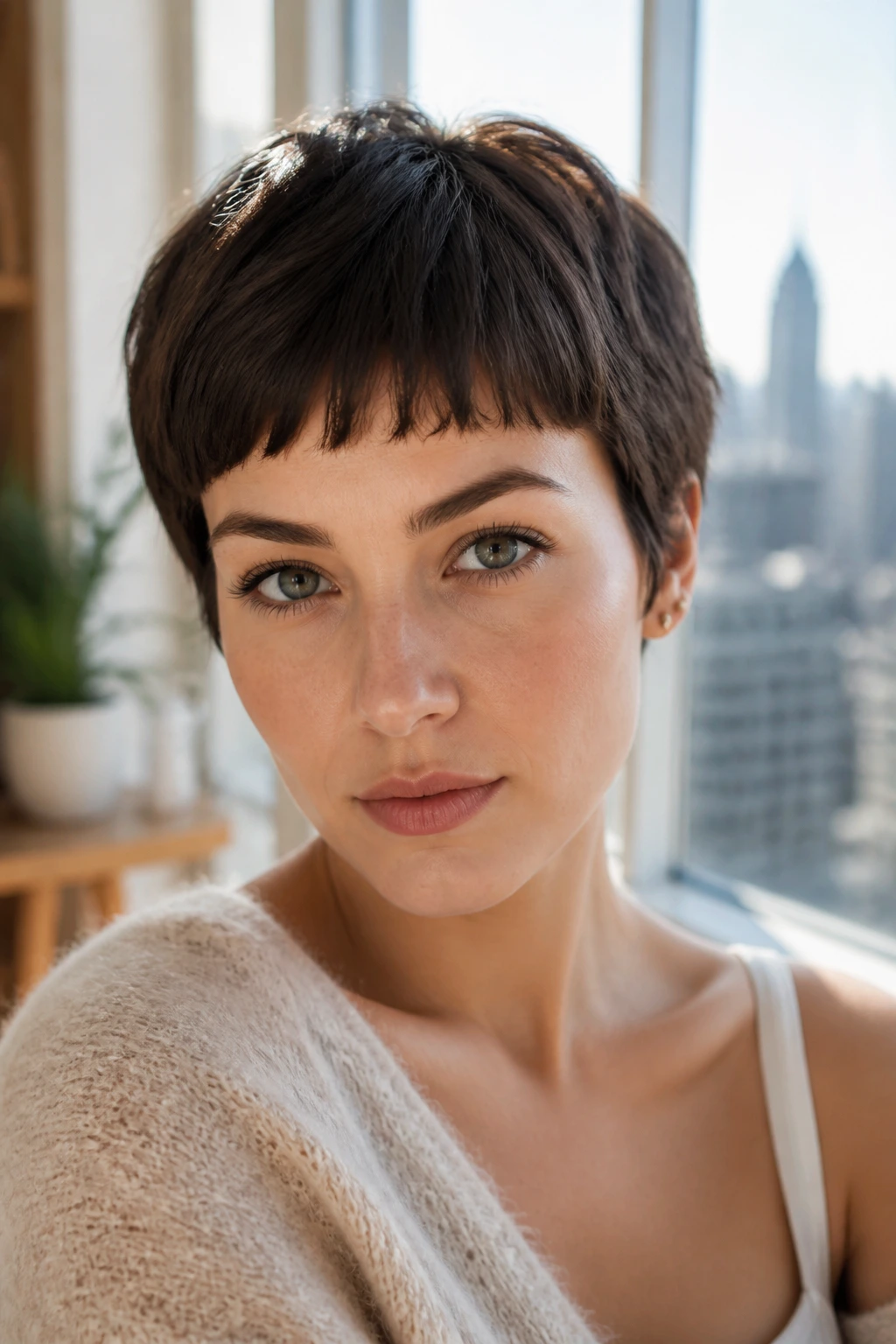 Close-up of a person with a blunt fringe pixie hairstyle