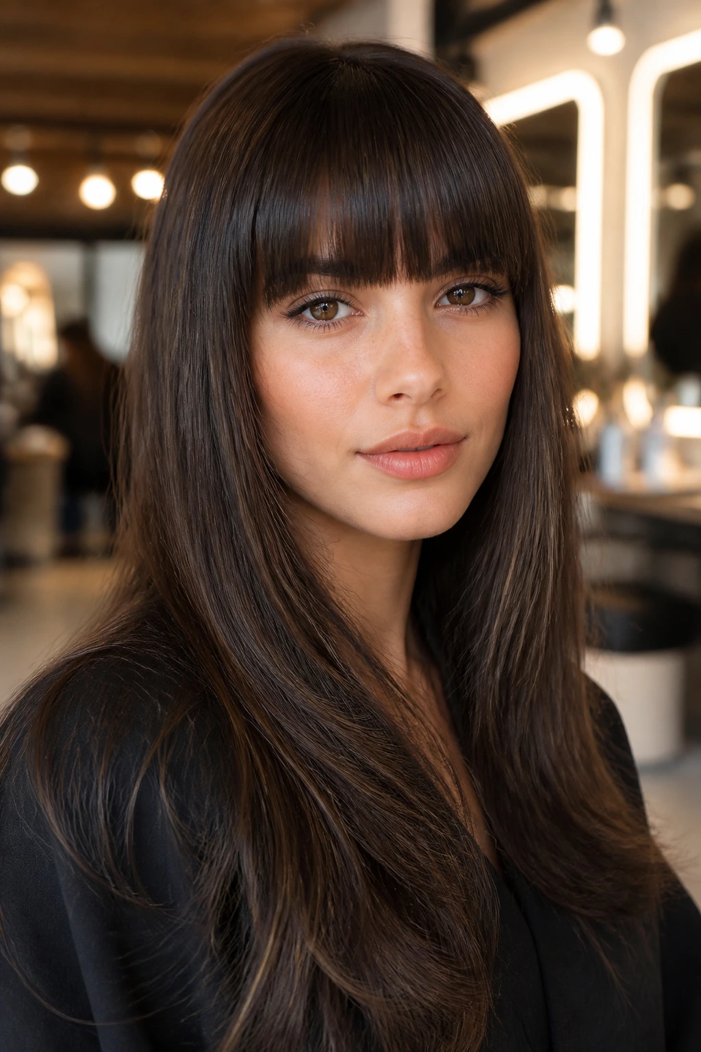Close-up portrait of a woman with a blunt fringe at eyebrow level