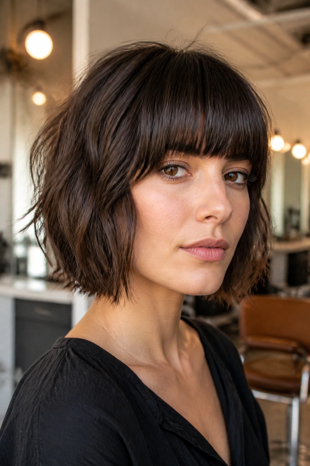 Close-up portrait of a real woman with blunt fringe shaggy bob.