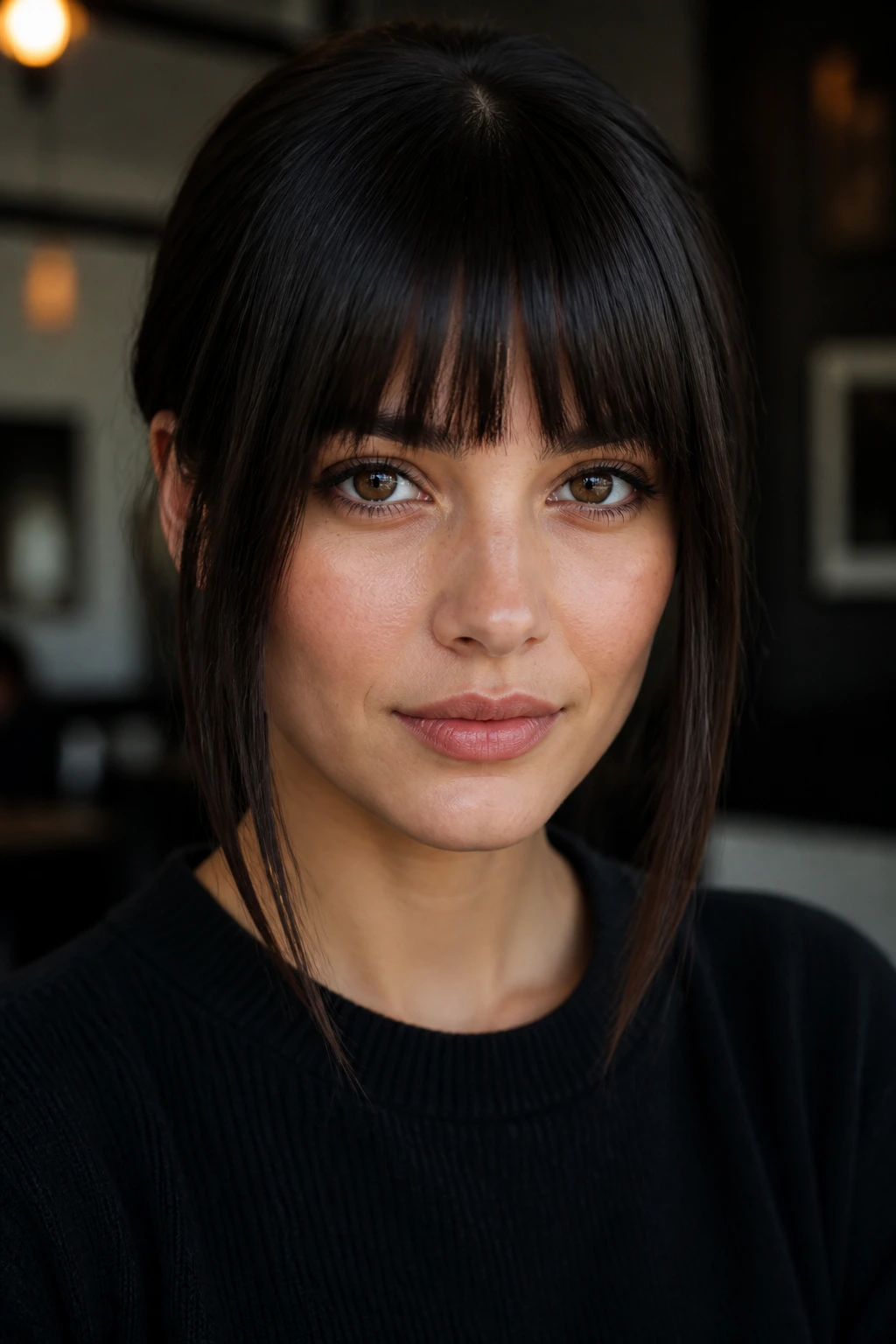 Real woman with softened blunt fringe and side tendrils on dark hair
