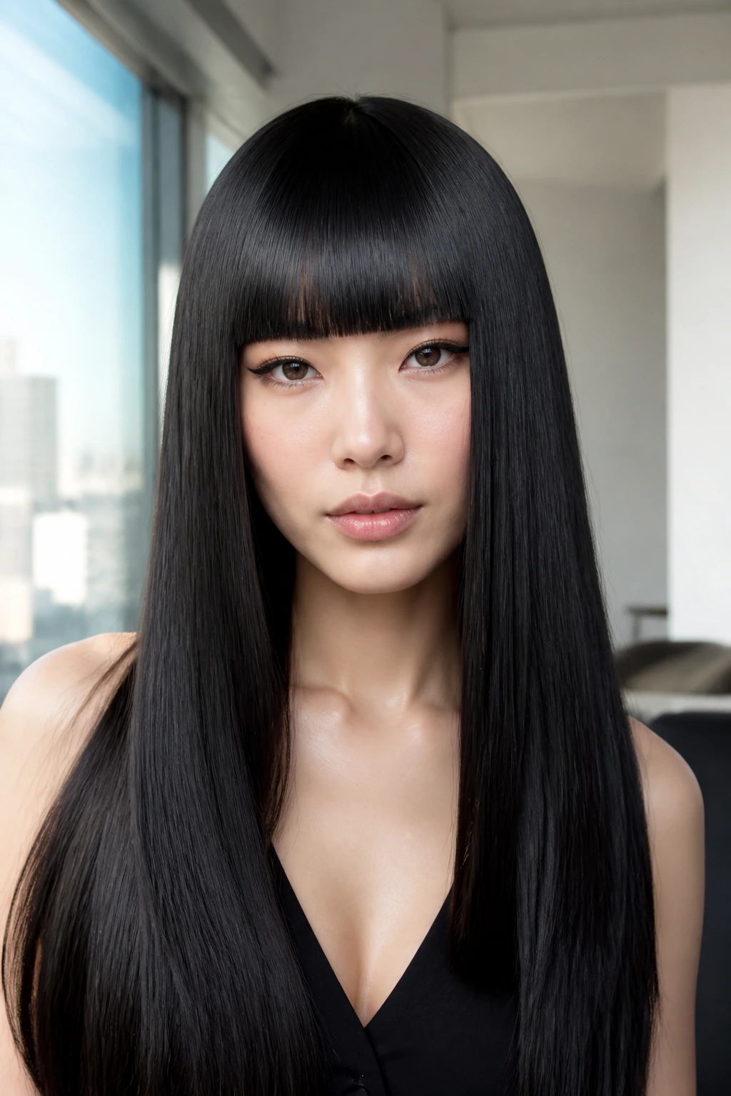 Close-up of a person with blunt fringe and long sleek hair