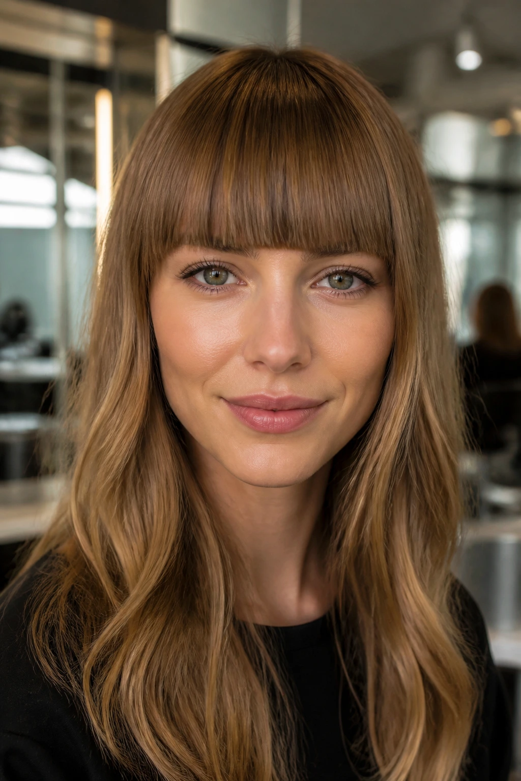 Close-up of a real person with blunt fringe just below the brows