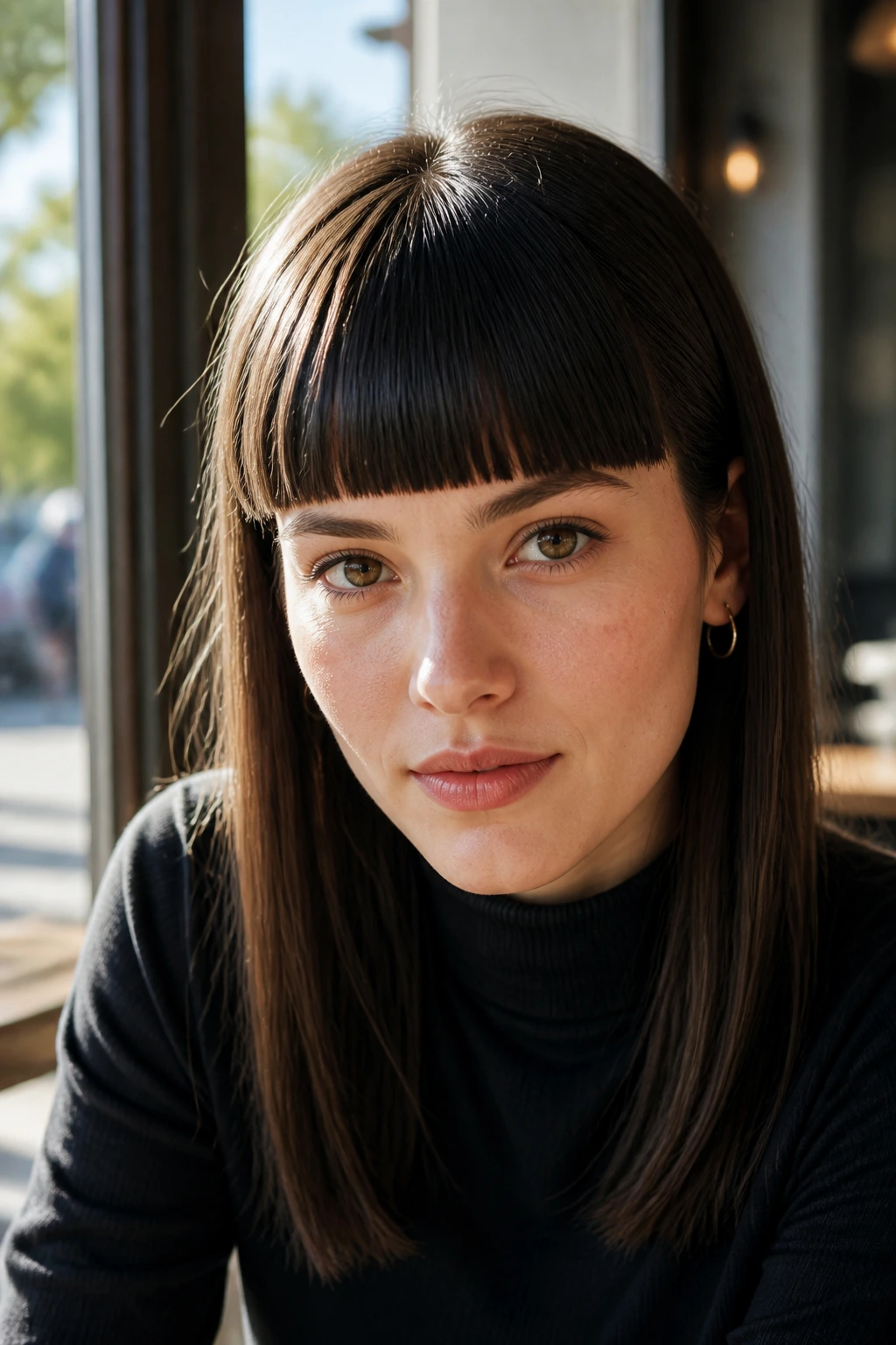 Close-up of a real woman with a crisp blunt fringe across the brows in cafe daylight.