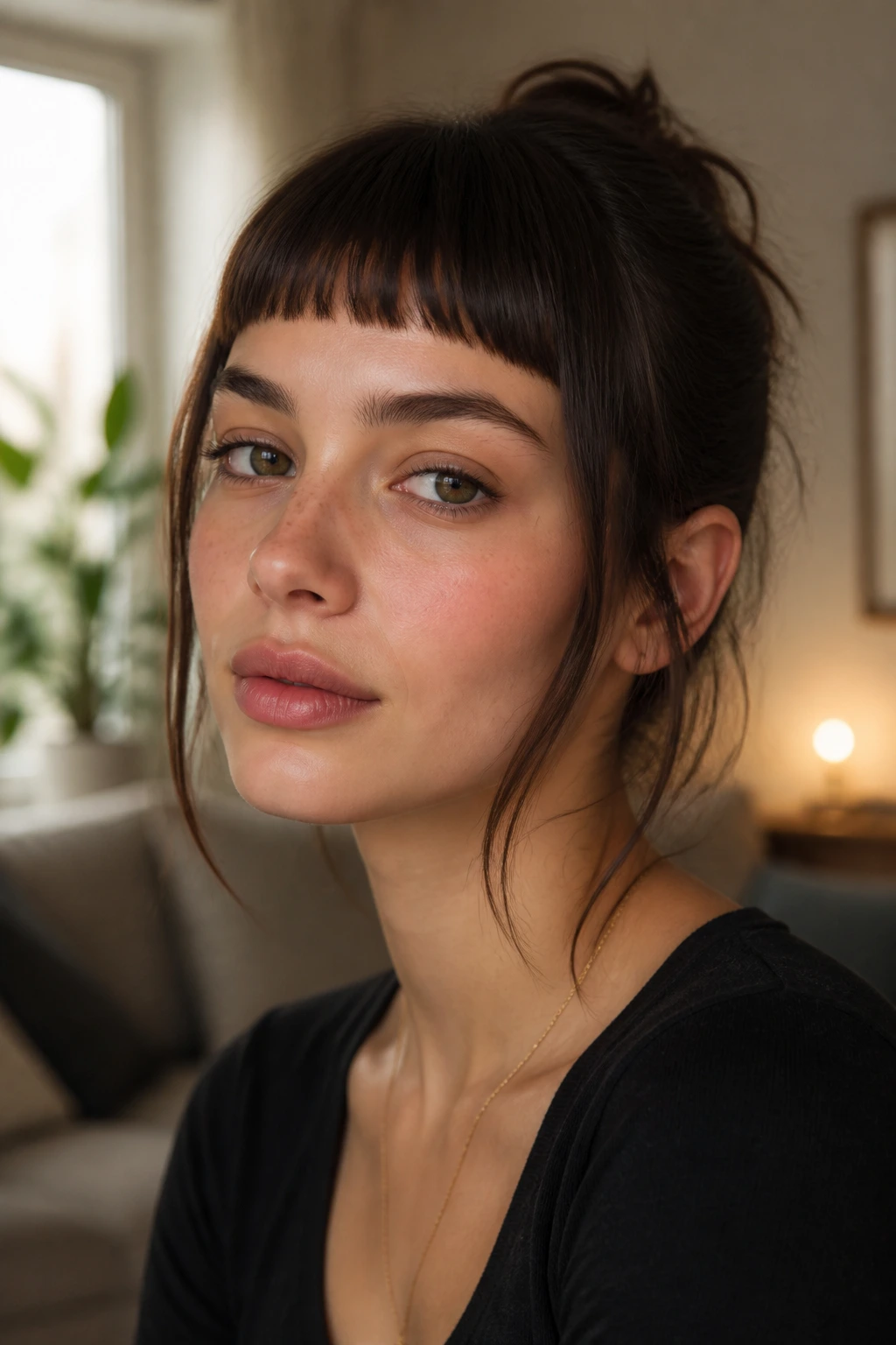 Close-up of a person with blunt bangs and longer side tendrils in a cozy room