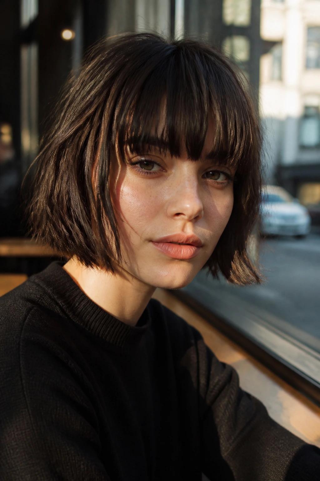 Close-up of a real person with blunt fringe textured bob in a sunlit cafe setting.