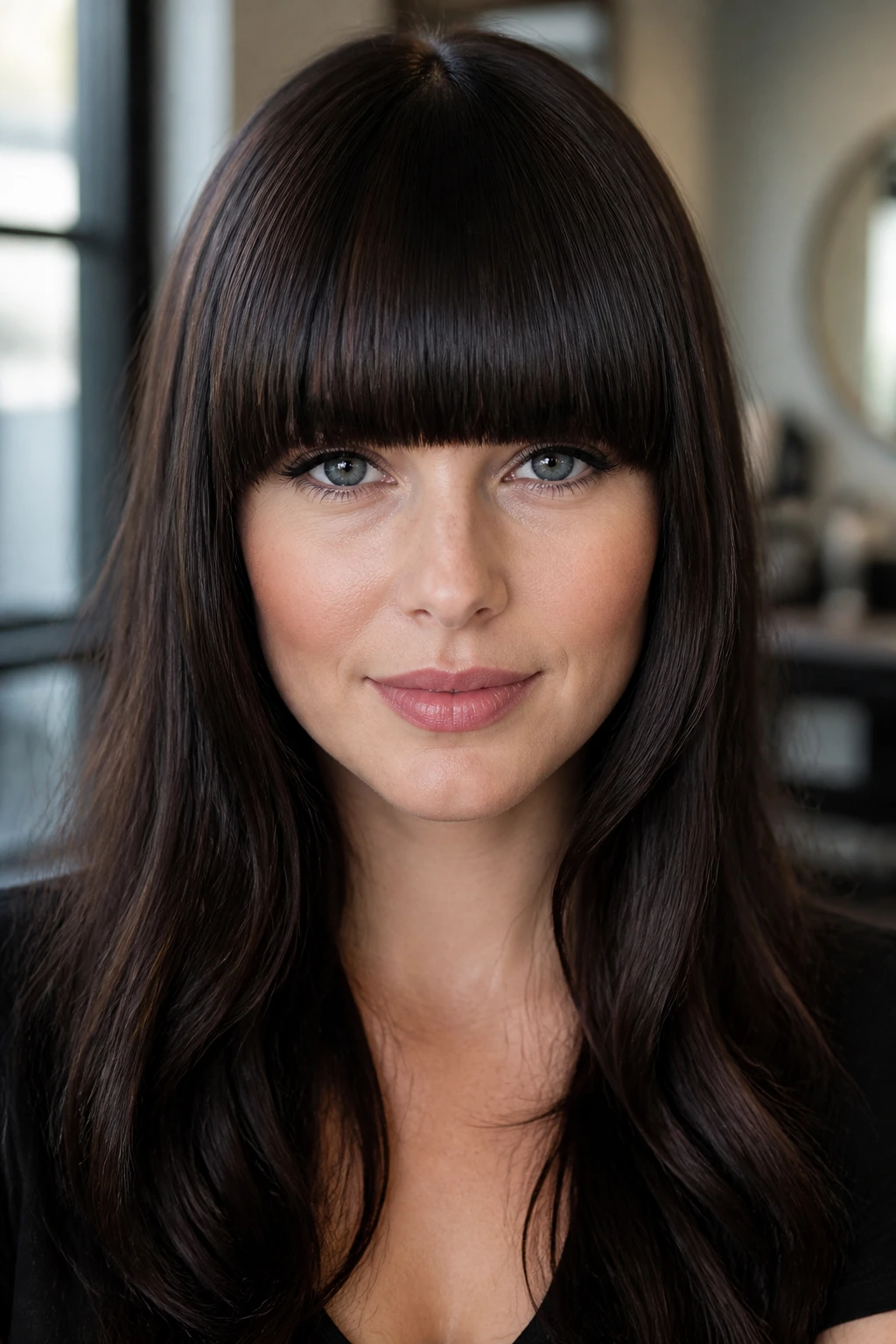 Close-up of a real woman with a heavy blunt fringe framing the eyes, thick hair, in a salon setting