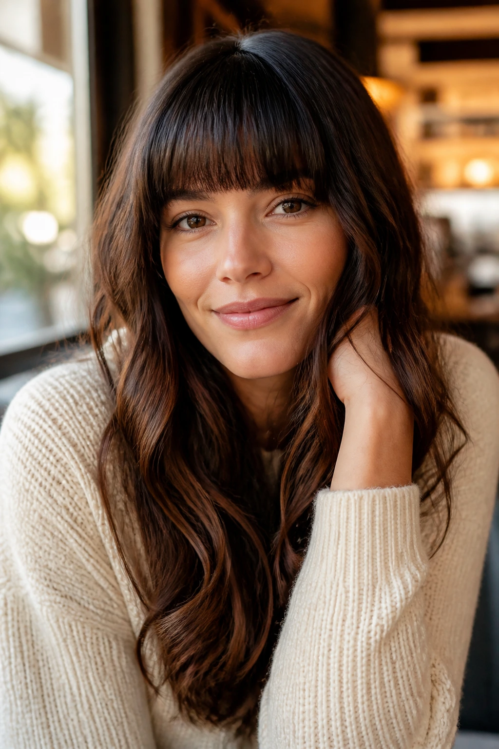 Close-up of a woman with blunt fringe and long waves