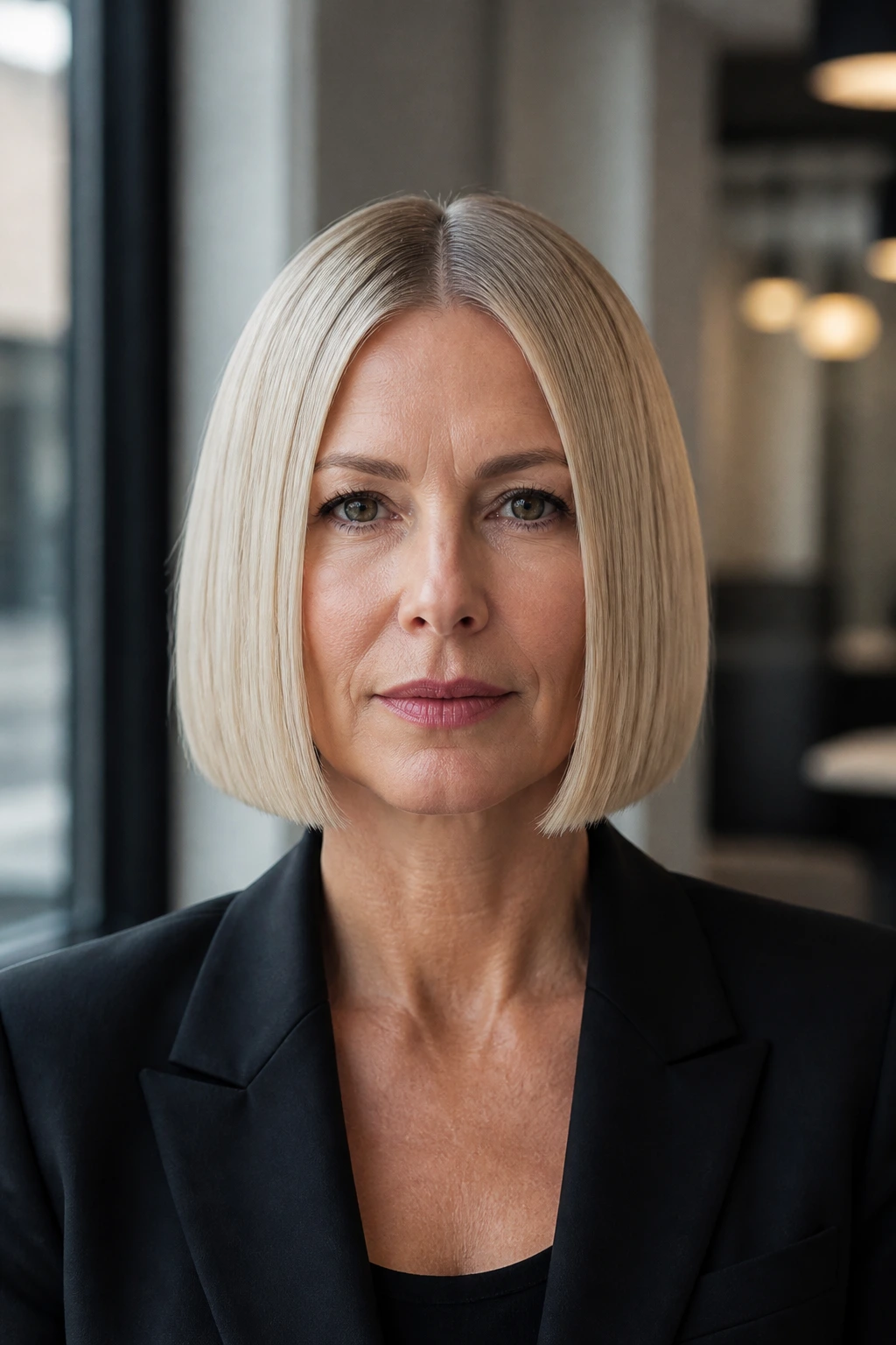 Close-up portrait of a real person with a blunt-front stacked haircut
