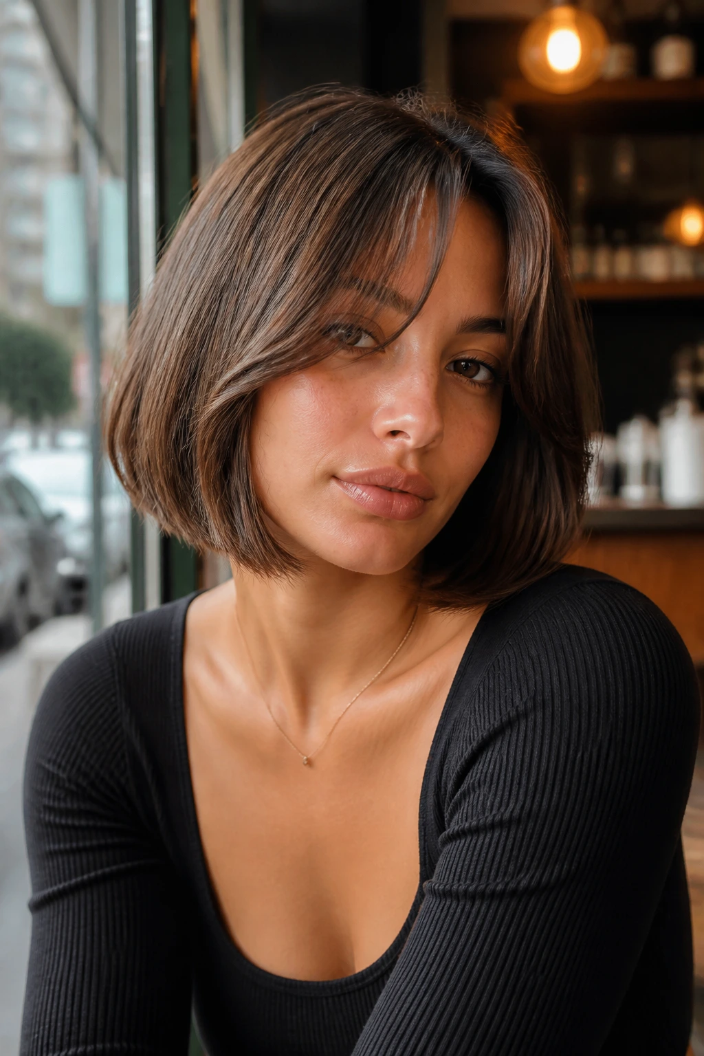 Close-up of a real person with a blunt Italian bob and soft curtain bangs.
