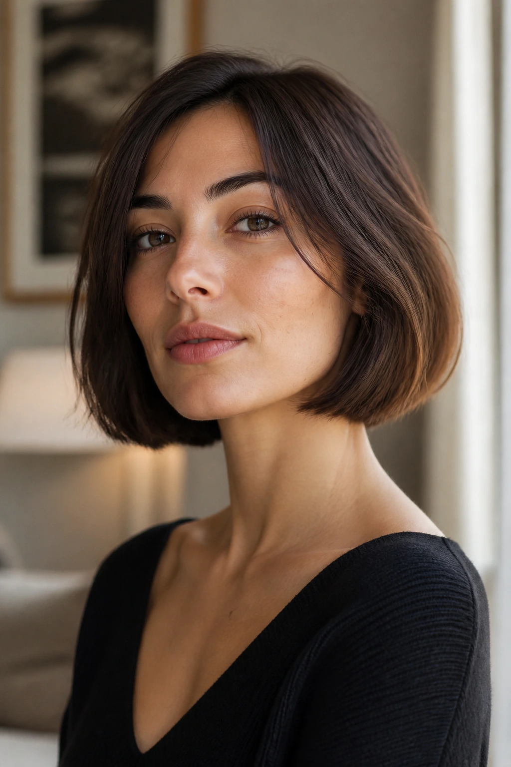 Close-up portrait of a real woman with a jawline-length blunt Italian bob in warm window light