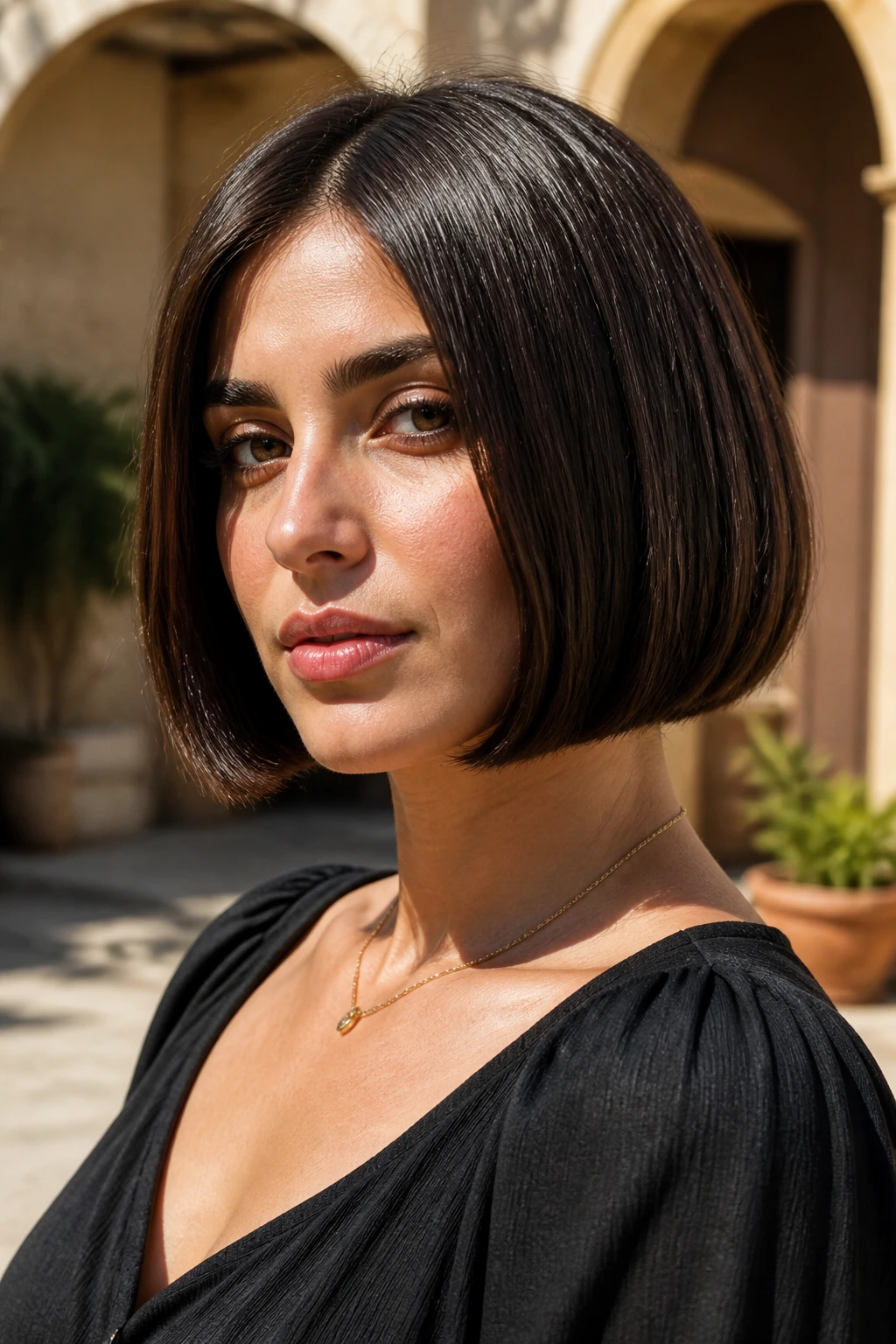 Close-up portrait of a woman with blunt Italian bob in sunlight