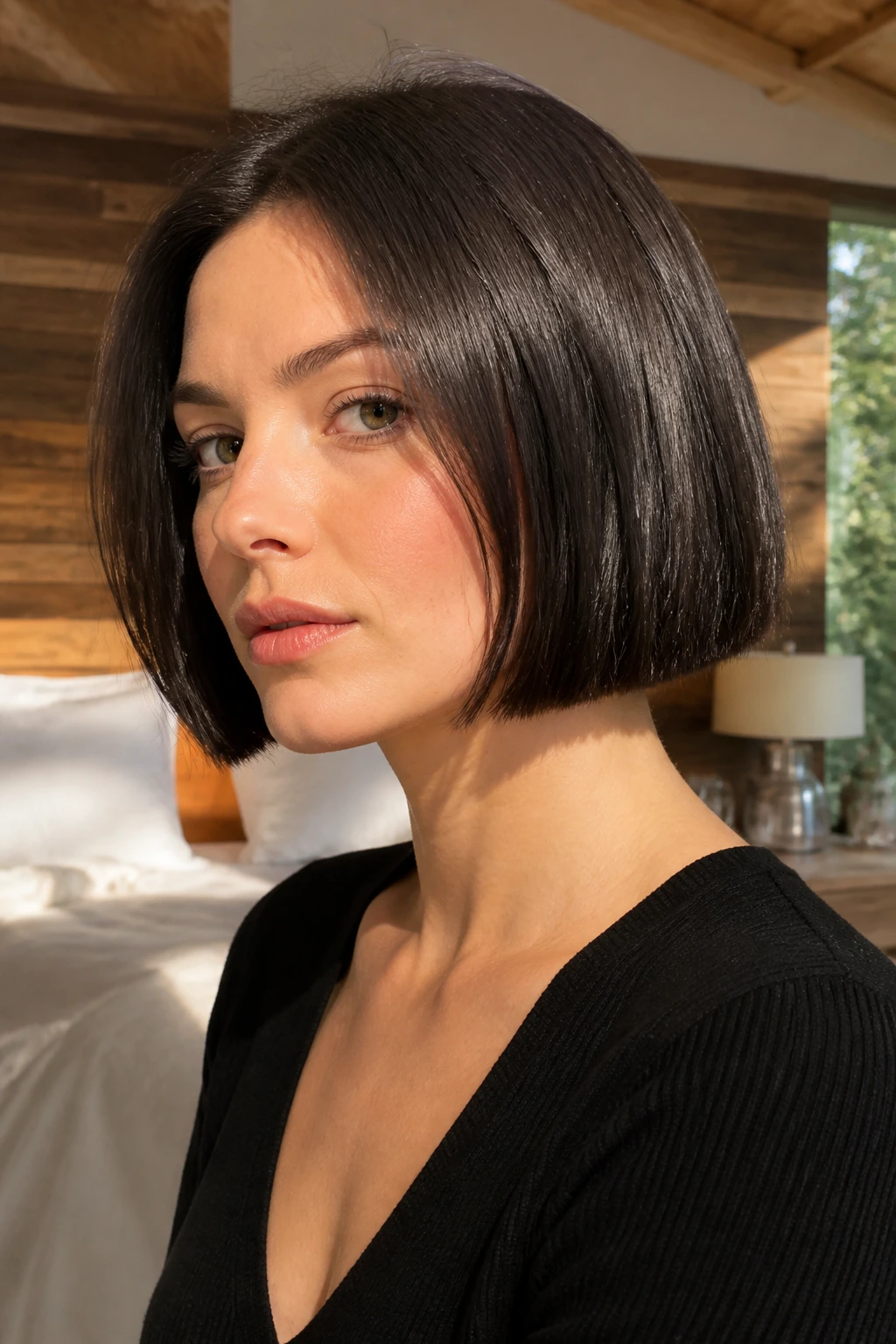 Close-up of a woman with a blunt jaw-length bob showing crisp, dense ends