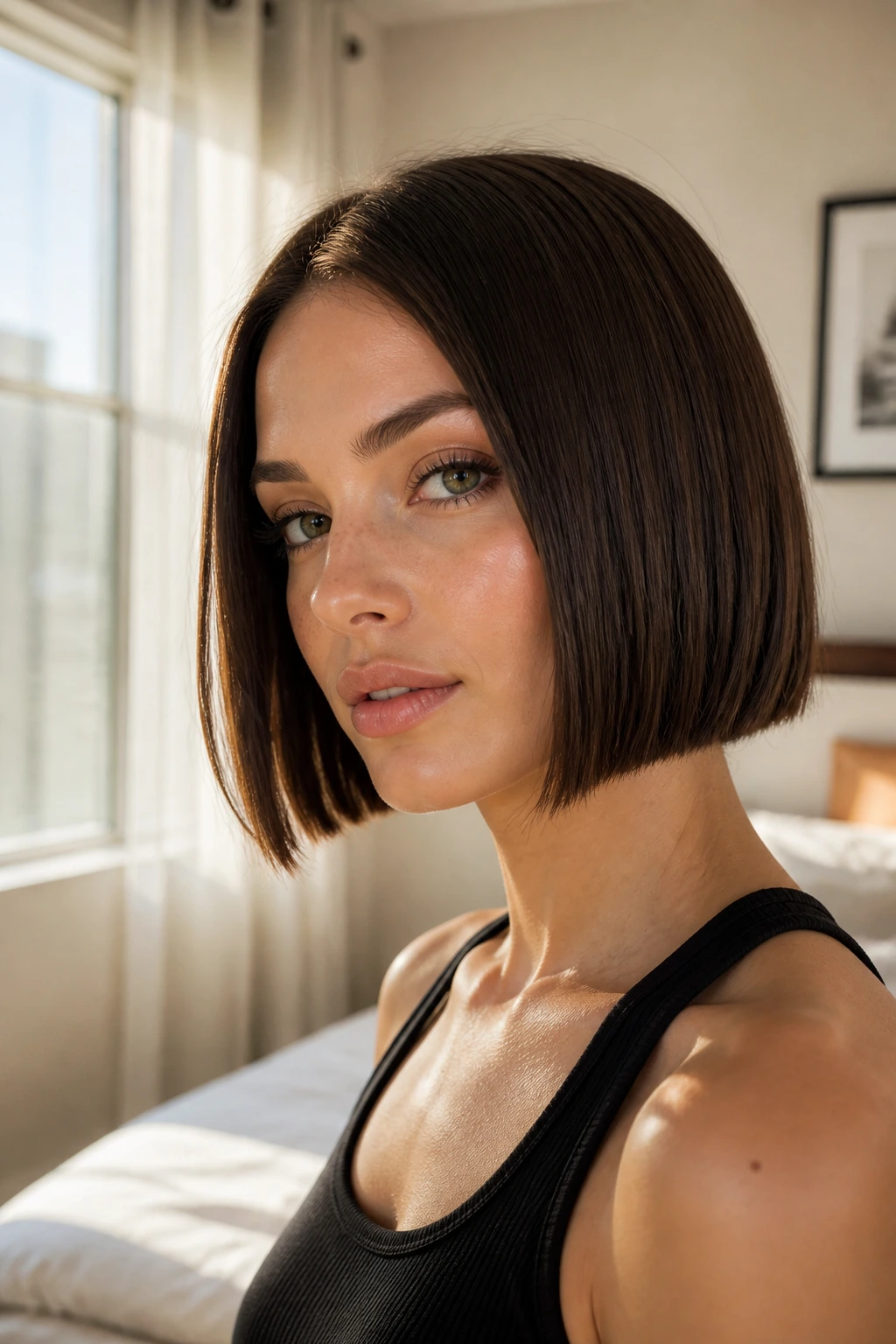 Close-up of a real woman with a blunt jaw-length bob under soft window light