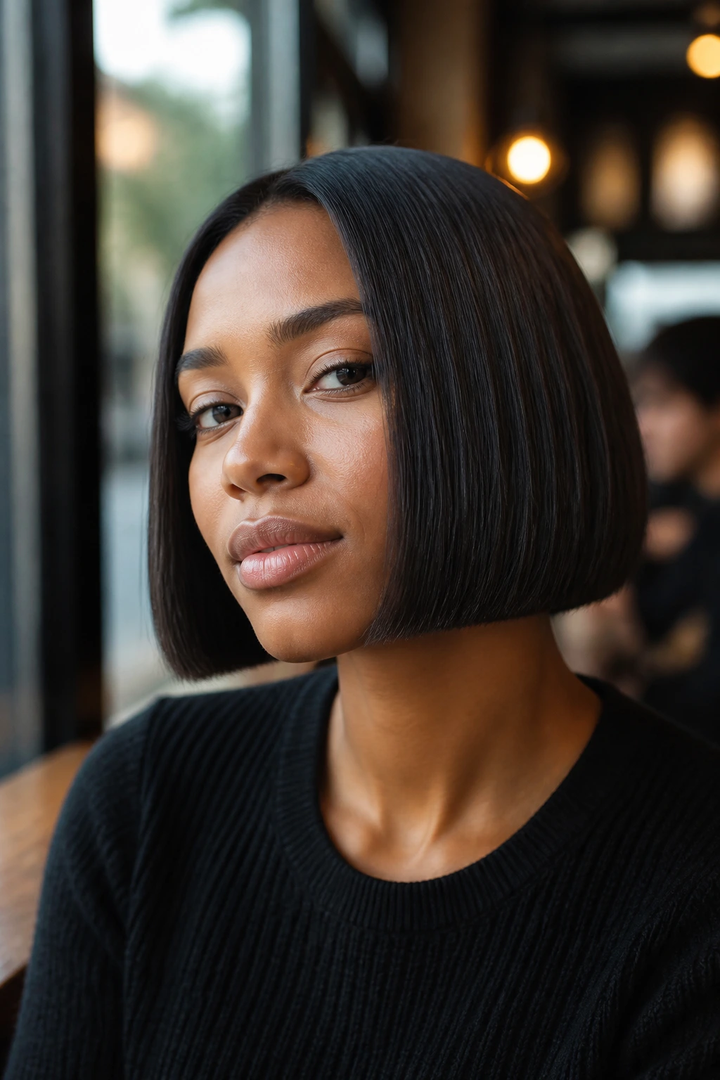 Close-up portrait of a woman with blunt jaw-length bob hairstyle