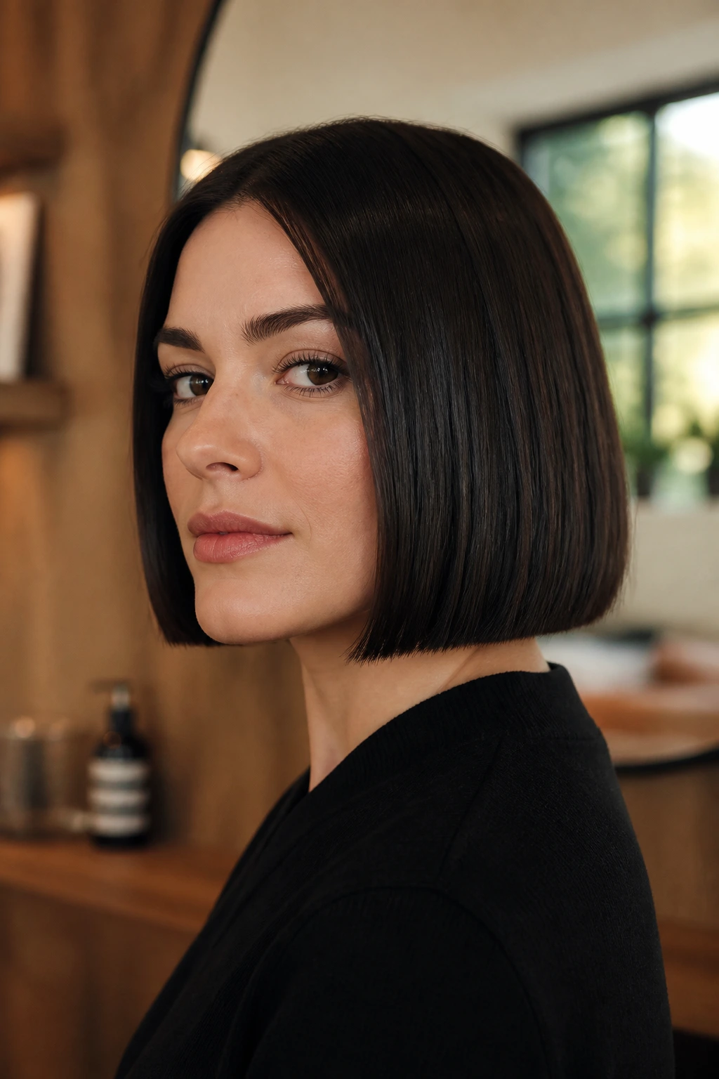 Close-up of a real woman with a blunt jaw-length bob in a cozy salon