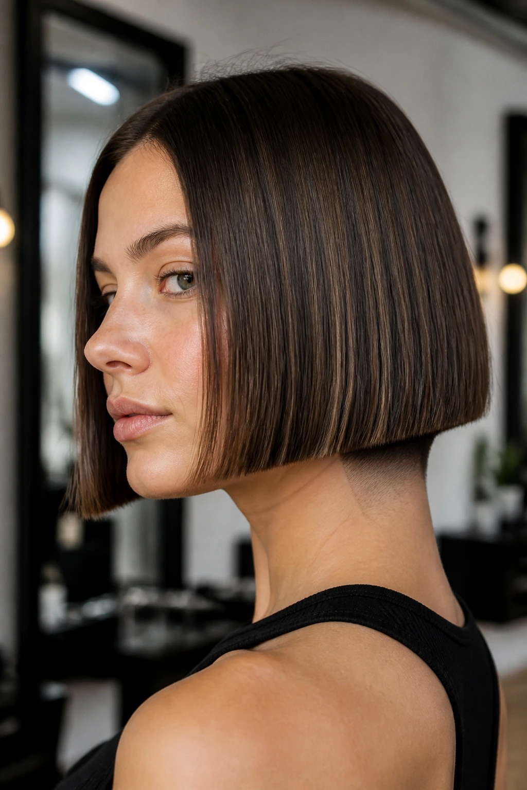 Real woman with blunt jaw-length bob and hidden nape undercut, portrait shot