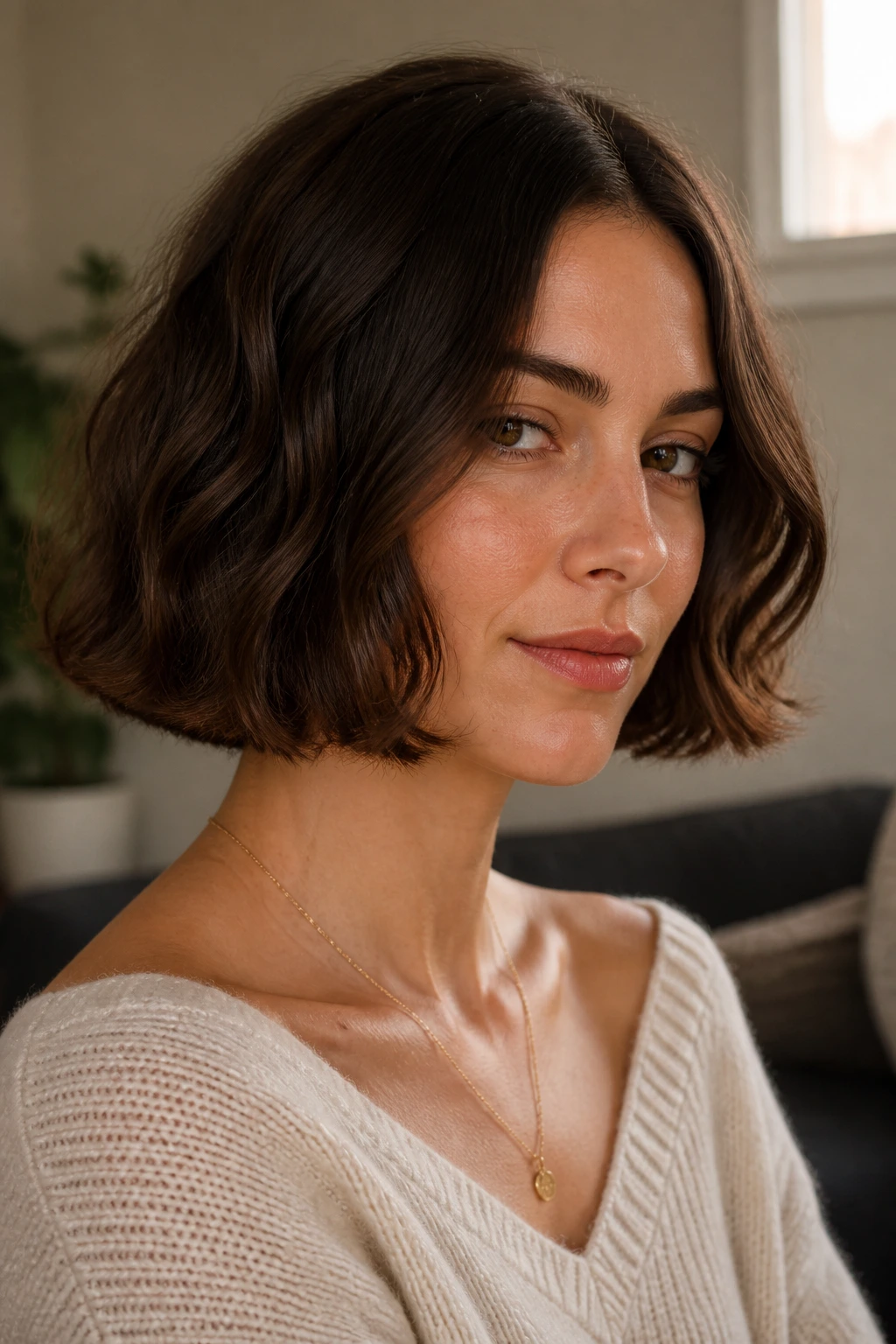 Close-up portrait of a woman with a blunt jaw-length bob and subtle waves in warm window light