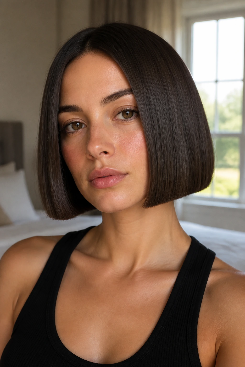 Close-up of a real woman with a blunt jawline bob in soft bedroom light