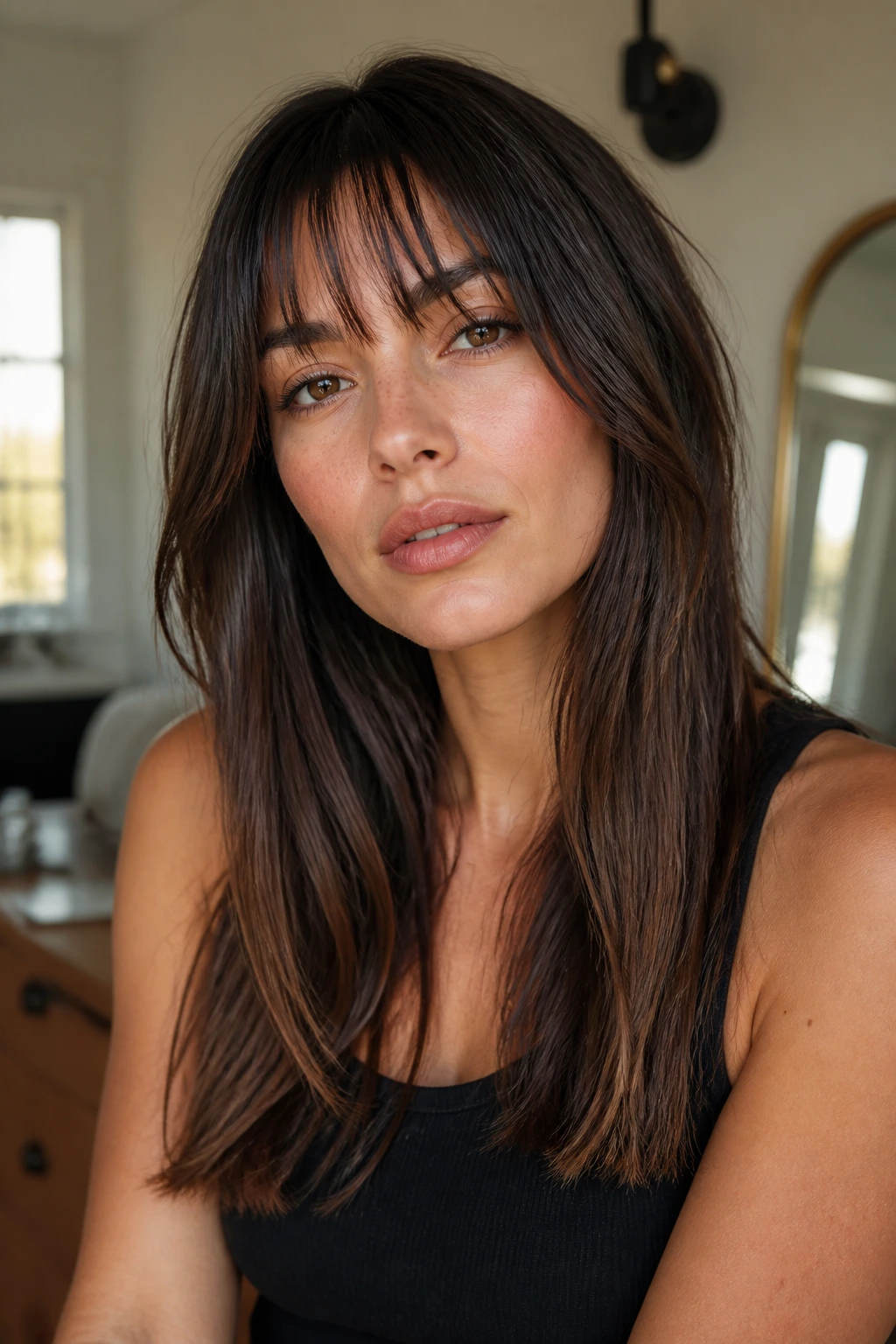 Close-up portrait of a real woman with blunt-cut long layers and piece-y bangs