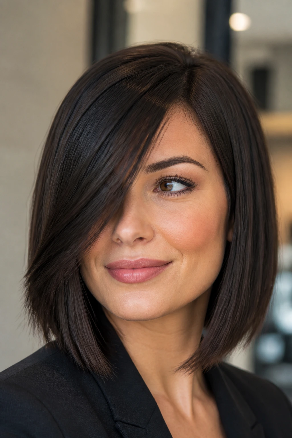Real woman showcasing blunt-cut lob with asymmetrical side bangs in a professional setting.