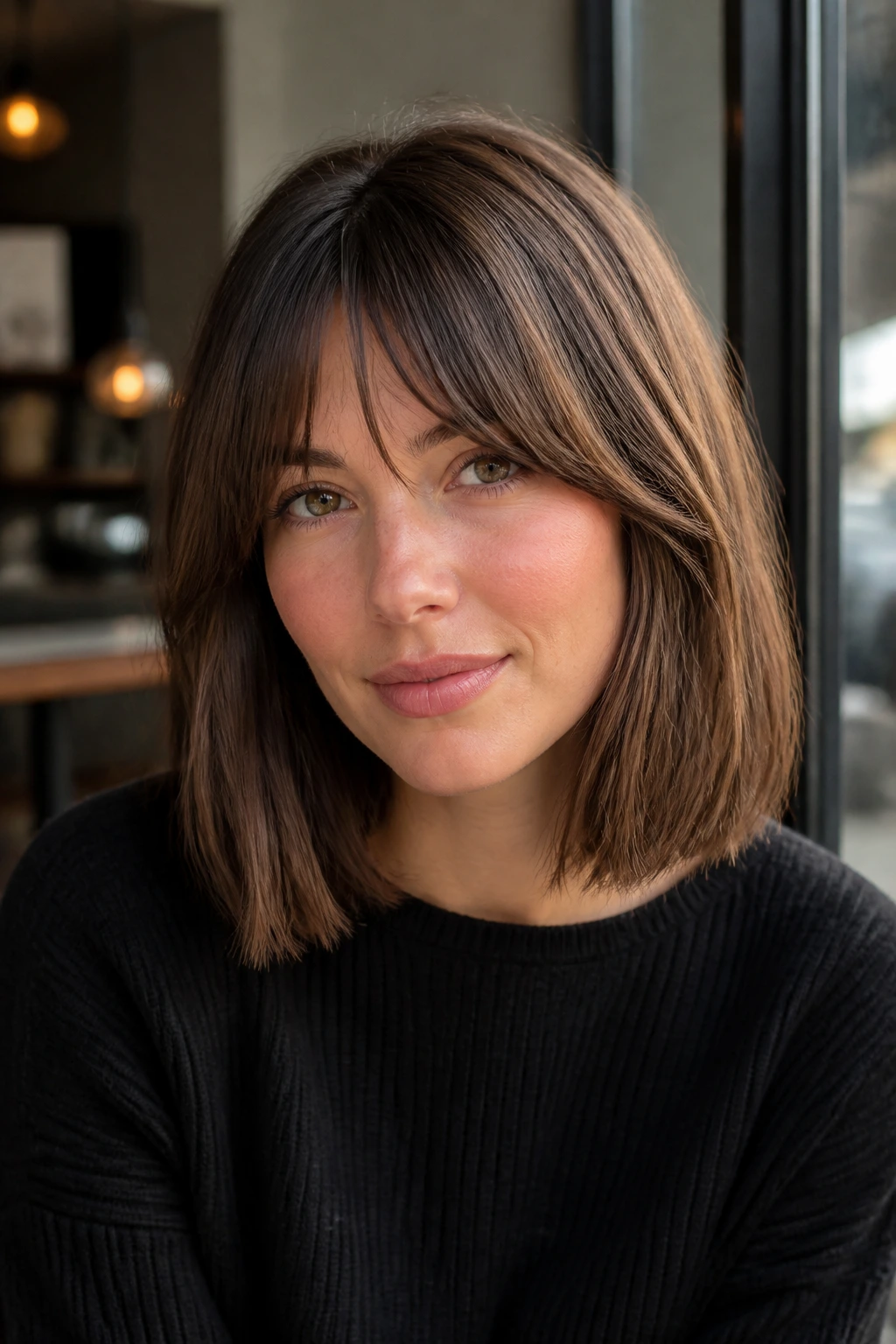 Close-up of blunt lob with bottleneck bangs in soft daylight