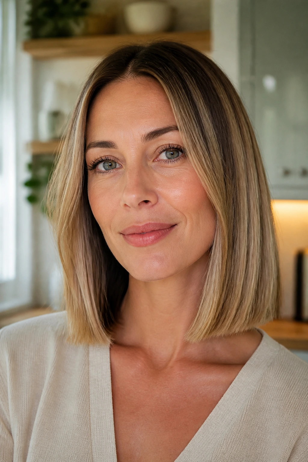 Close-up of real woman with blunt collarbone-grazing lob